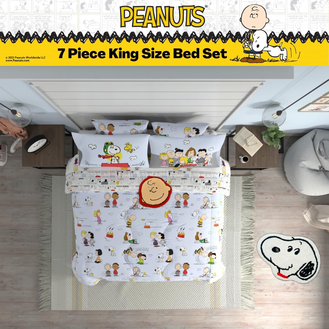 Peanuts® Charlie Brown, Snoopy & Gang Bedding, 7 Piece Super Soft Cozy Reversible Comforter and Sheet Set with Sham, King, (100% Official Licensed Product) by Franco Collectibles