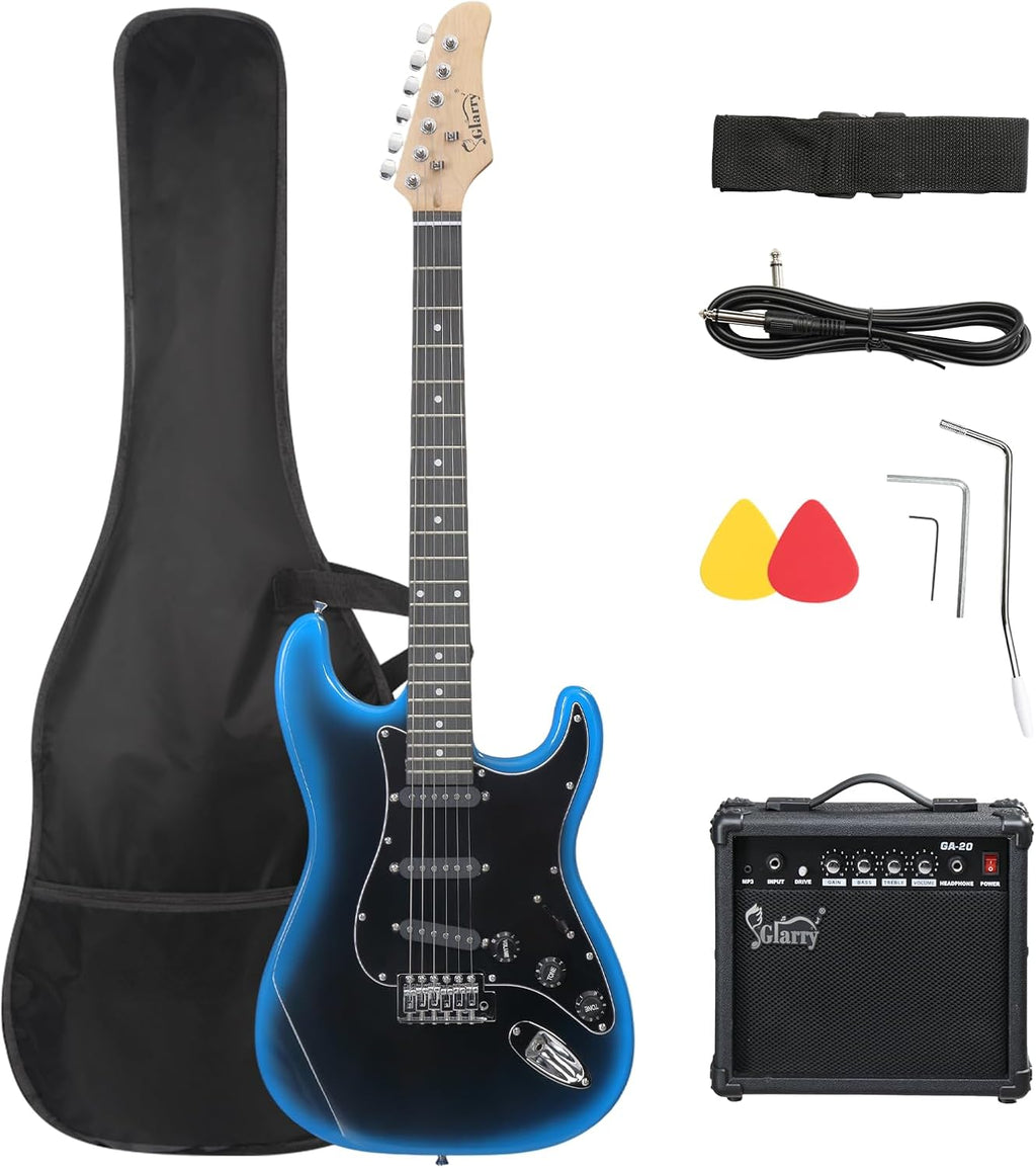 GLARRY Full Size Electric Guitar for Music Lover Beginner with 20W Amp and Accessories Pack Guitar Bag (BLACK & BLUE, 39' Right Handed)