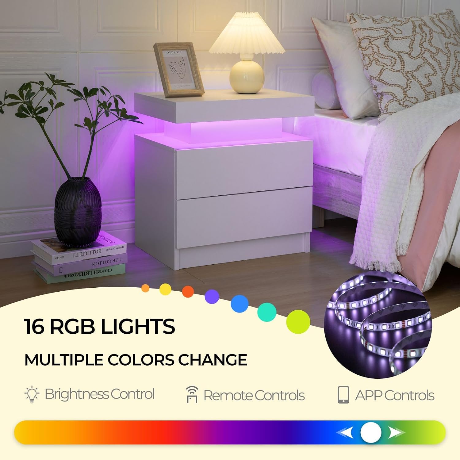 Bingoday Nightstand Set of 2 LED Nightstand with 2 Drawers, Bedside Table with Drawers for Bedroom Furniture, Side Bed Table with LED Light