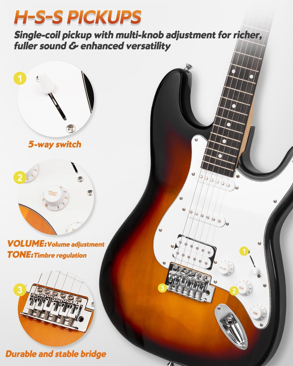 STRICH Electric Guitar Beginner Kit, Solid Body 39' Full Size Electric Guitar HSS Pick Up for Starter, with 10W Amp, Bag, Digital Tuner, Capo, Strap, String,Cable, Picks, SST-S20 Sunburst
