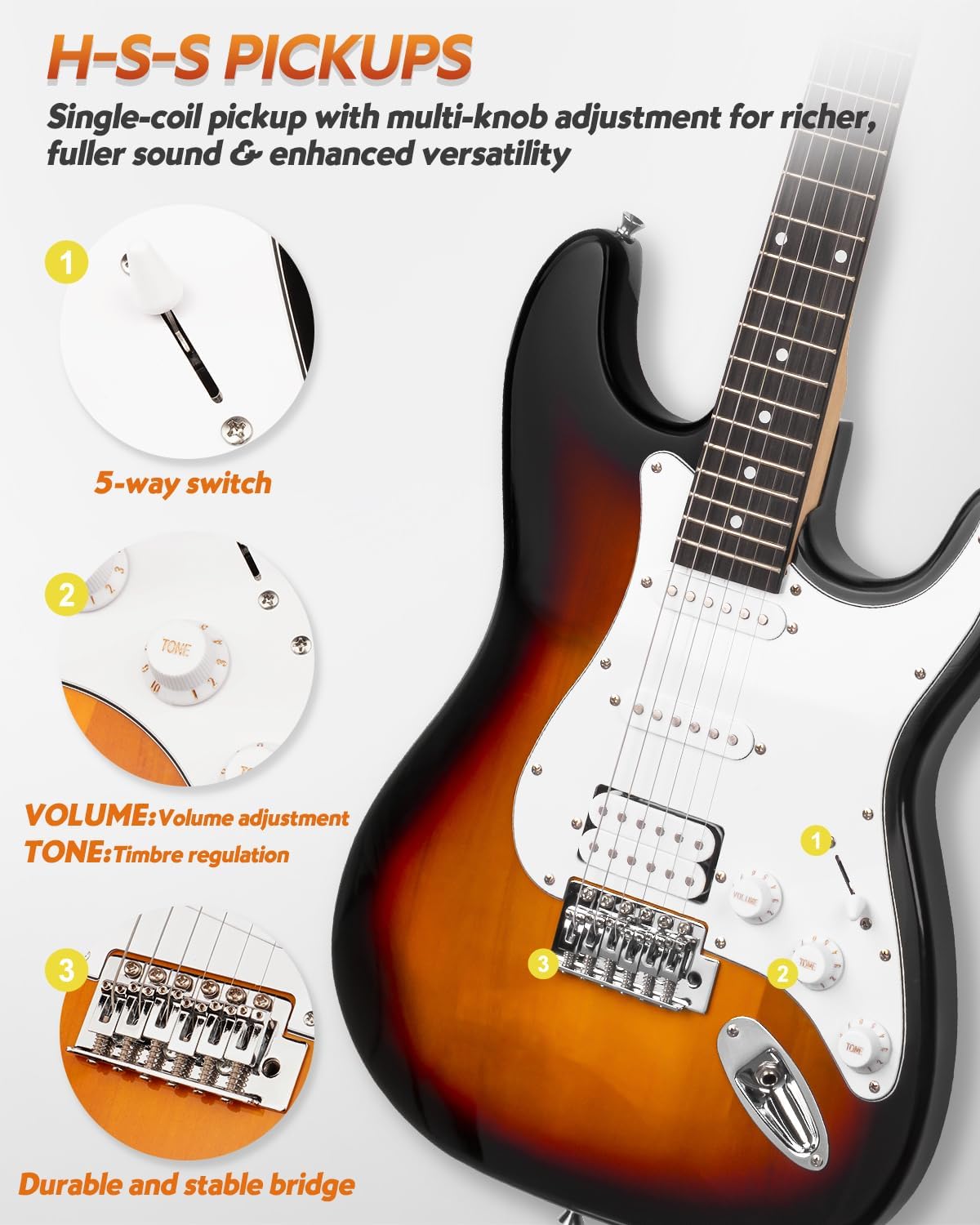 STRICH Electric Guitar Beginner Kit, Solid Body 39' Full Size Electric Guitar HSS Pick Up for Starter, with 10W Amp, Bag, Digital Tuner, Capo, Strap, String,Cable, Picks, SST-S20 Sunburst