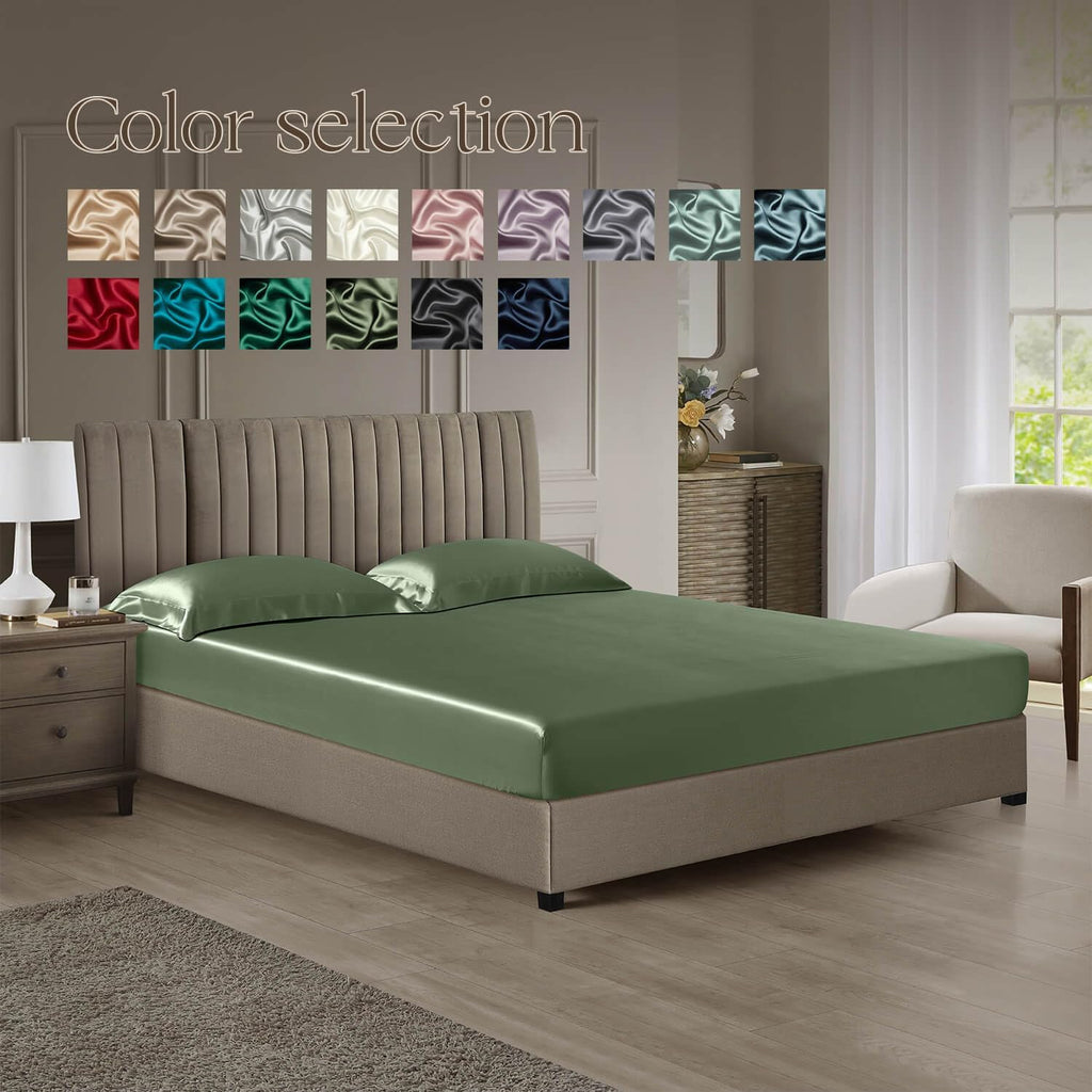 DISANGNI 22 Momme 100% Mulberry Silk Bedding Set - 4-Piece Luxury (2 Pillowcases, 1 Fitted Sheet, 1 Flat Sheet) - 6A Grade Natural Silk (Green, Queen)