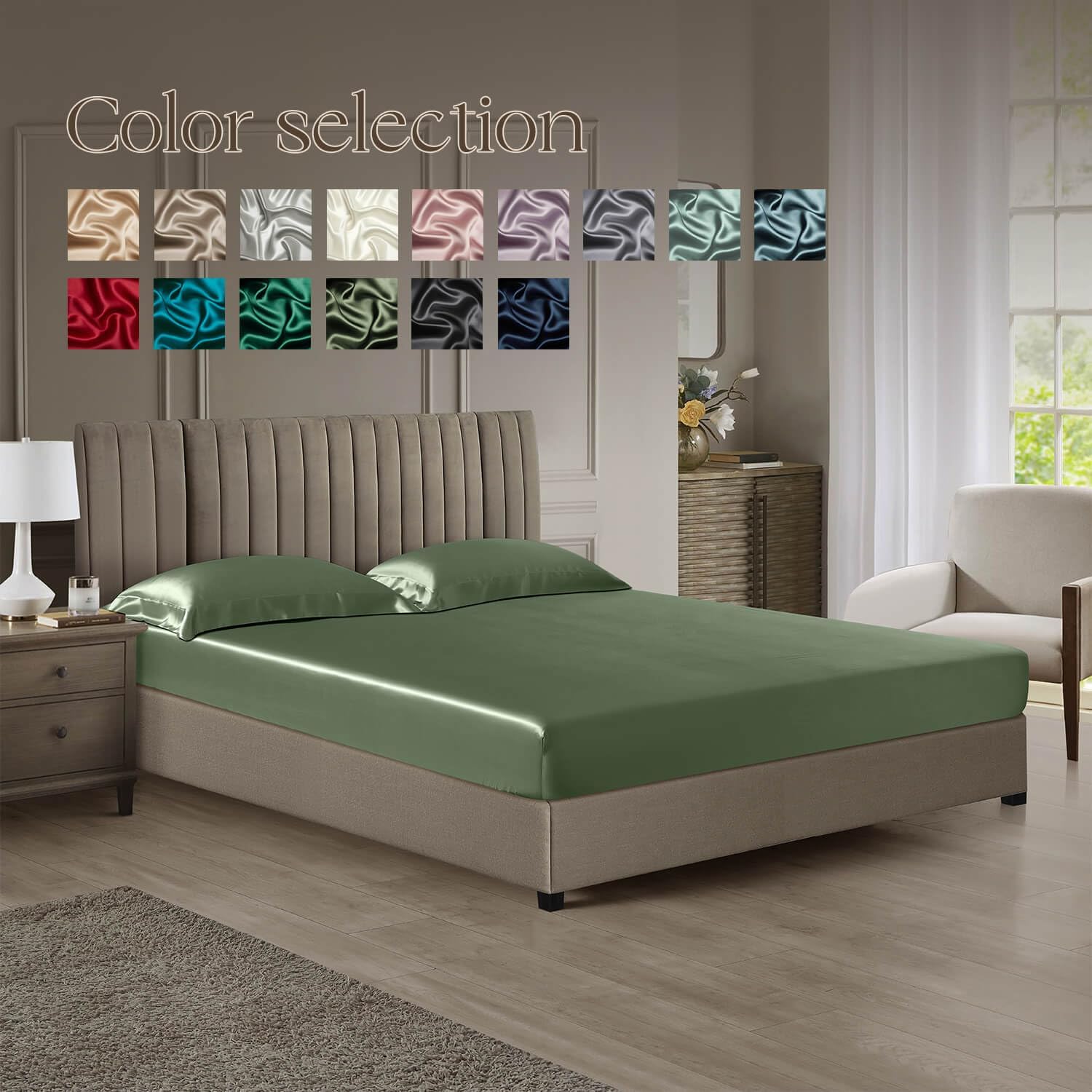 DISANGNI 22 Momme 100% Mulberry Silk Bedding Set - 4-Piece Luxury (2 Pillowcases, 1 Fitted Sheet, 1 Flat Sheet) - 6A Grade Natural Silk (Green, Twin)