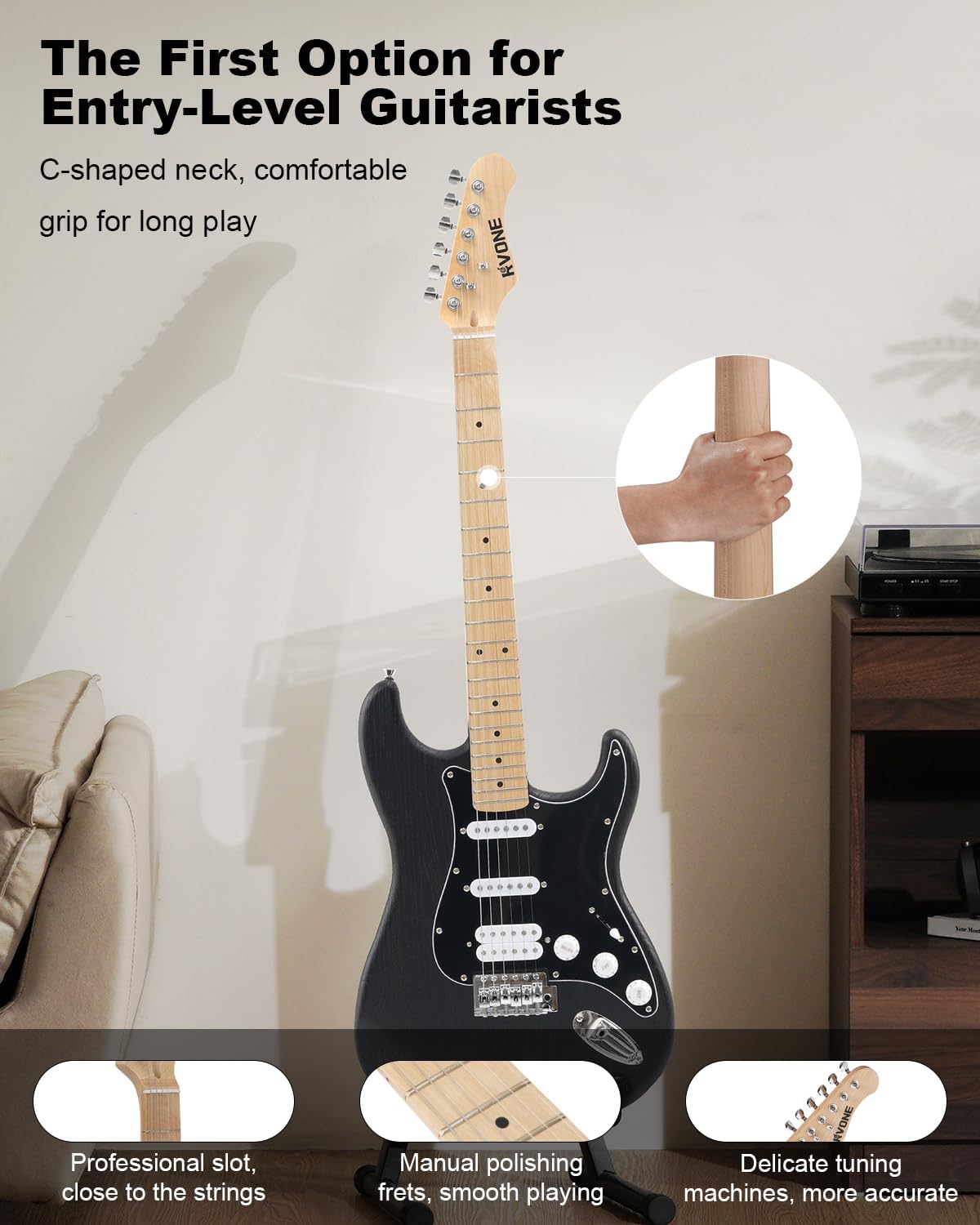 RVONE RST-150 39' Beginner Electric Guitar Kit with Amp & HSS Pickups | Complete Starter Set for Newcomers w/Essentials | Gig Bag, Extra Strings, Digital Tuner, Capo, Strap | Home Practice (Black)
