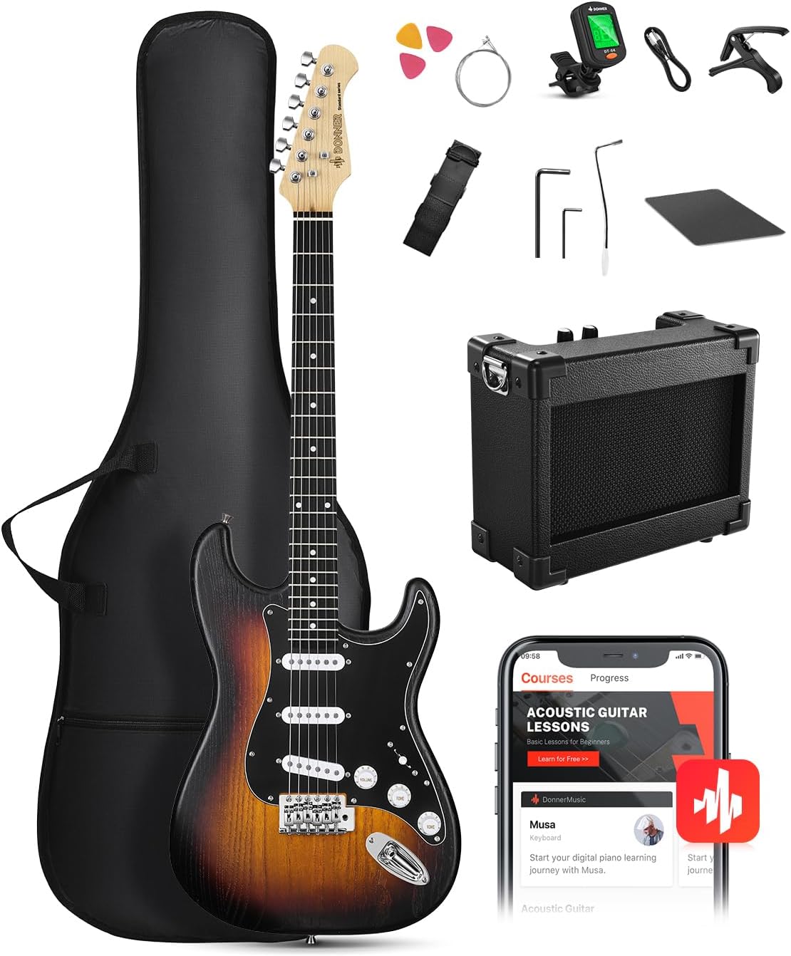DONNER DST-80 Electric Guitar 39' Beginner Electric Guitar Kit with Amp, Classic SSS Pickup Complete with Gig Bag, Tuner, Capo, Strap, Picks, and Free Online Lessons, Red Tea Burst