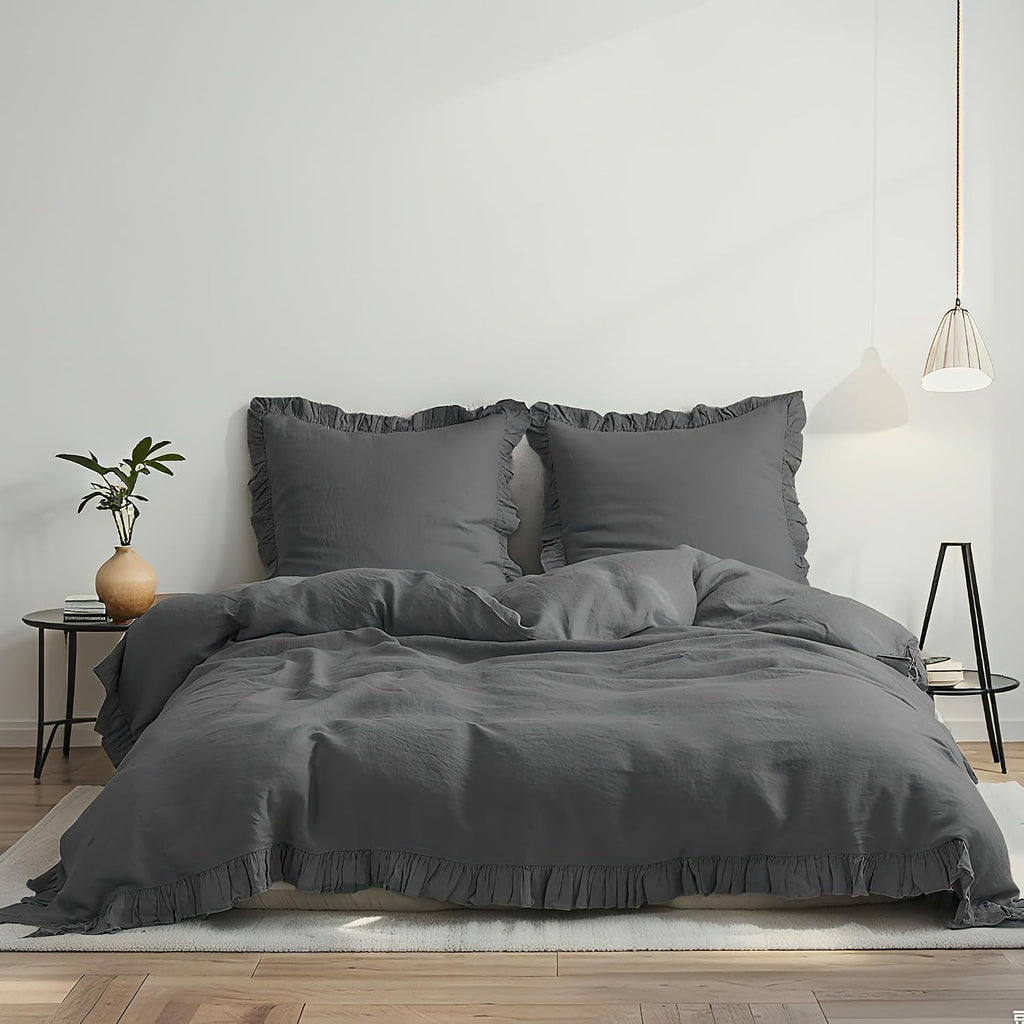 Simple&Opulence 100% Linen Duvet Cover Set, 3 PCS Natural French Flax Dark Grey Ruffle Duvet Cover King Size, Breathable Comfy Linen Bedding Comforter Cover with 2 Pillowcases (Dark Grey, 104' X 92')