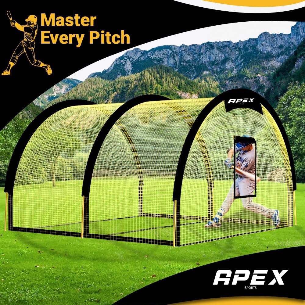 Apex Sports Portable 22ft x 12ft x 8ft Baseball & Softball Batting Cage with Pitching Machine Hole, 3ply 1.25'' Yellow Netting, Secure Steel Poles, 12.7MM Fibreglass Poles, Carry Bag Included