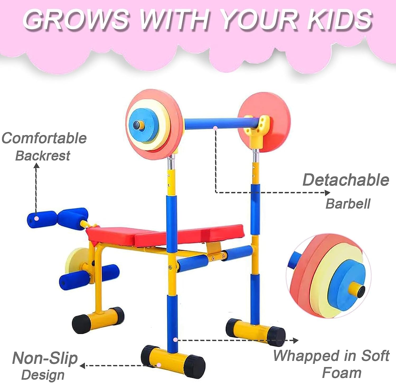 Kids Fitness Exercise Equipment, Adjustable Barbell Toy Set, Bench And Leg Press Weight Bench for Beginner Exercise, Boys and Girls Exercises Ages 3-12 Year Old