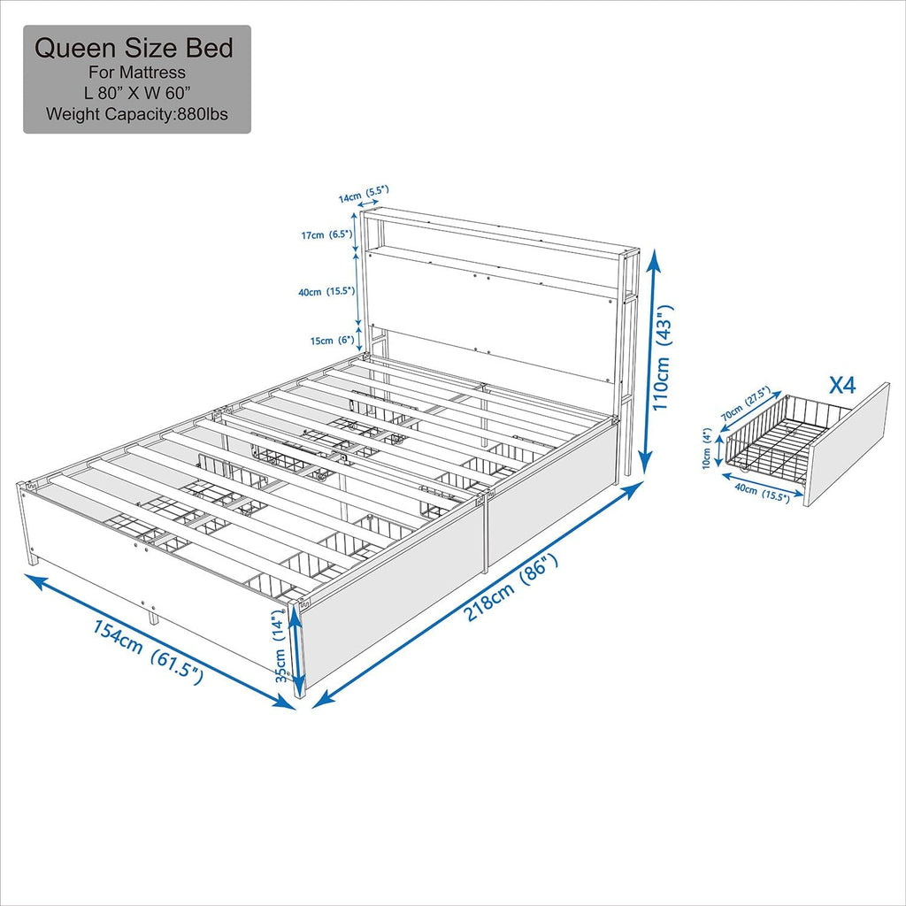 Panana Full/Queen Size Bed Frame with 4 Storage Drawers and Headboard, 2 Tier Shelves Headboard Storage, with Slats, Noise Free, No Box Spring Needed (Vintage Brown, Queen)