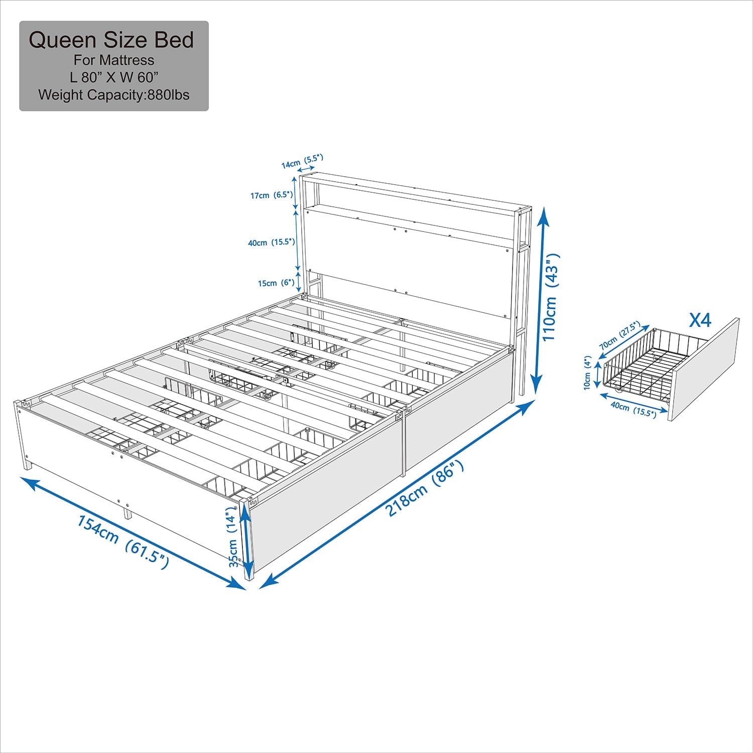 Panana Full/Queen Size Bed Frame with 4 Storage Drawers and Headboard, 2 Tier Shelves Headboard Storage, with Slats, Noise Free, No Box Spring Needed (Vintage Brown, Queen)