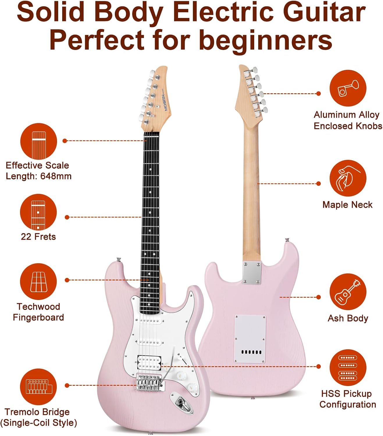 Mosen 39 Inch Electric Guitar with HSS Pickups & Single-Coil Tremolo System - with 5W Amp, Techwood Fingerboard, C-Shaped Satin Neck, All Accessories Included Gig Bag, Tuner, String, Capo, Strap