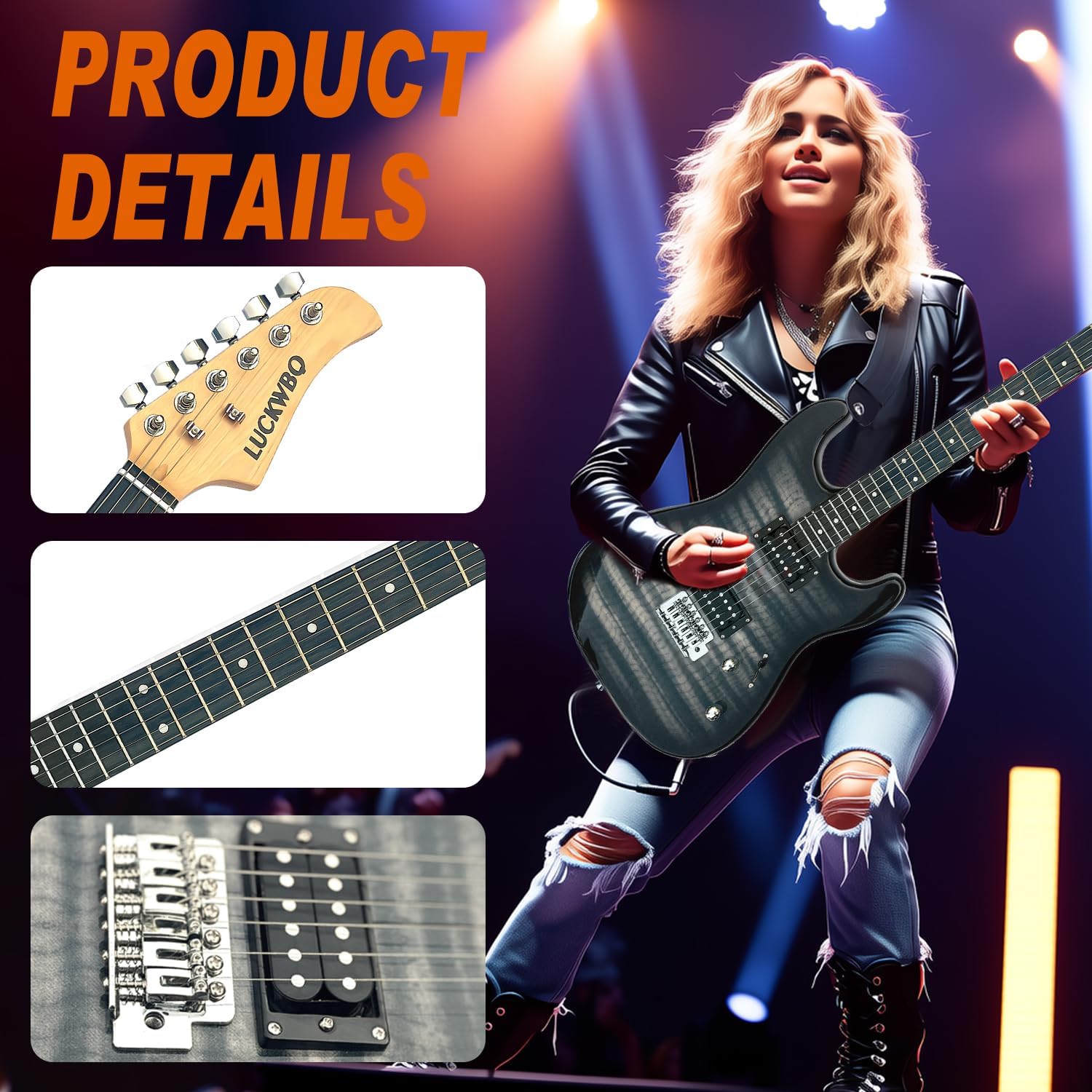 39' Full Size ST Style Electric Guitar Starter Kit with HH Pickup, 20W Portable Amp, Tuner, Gig Bag, Strap & Accessories (Black Flame)