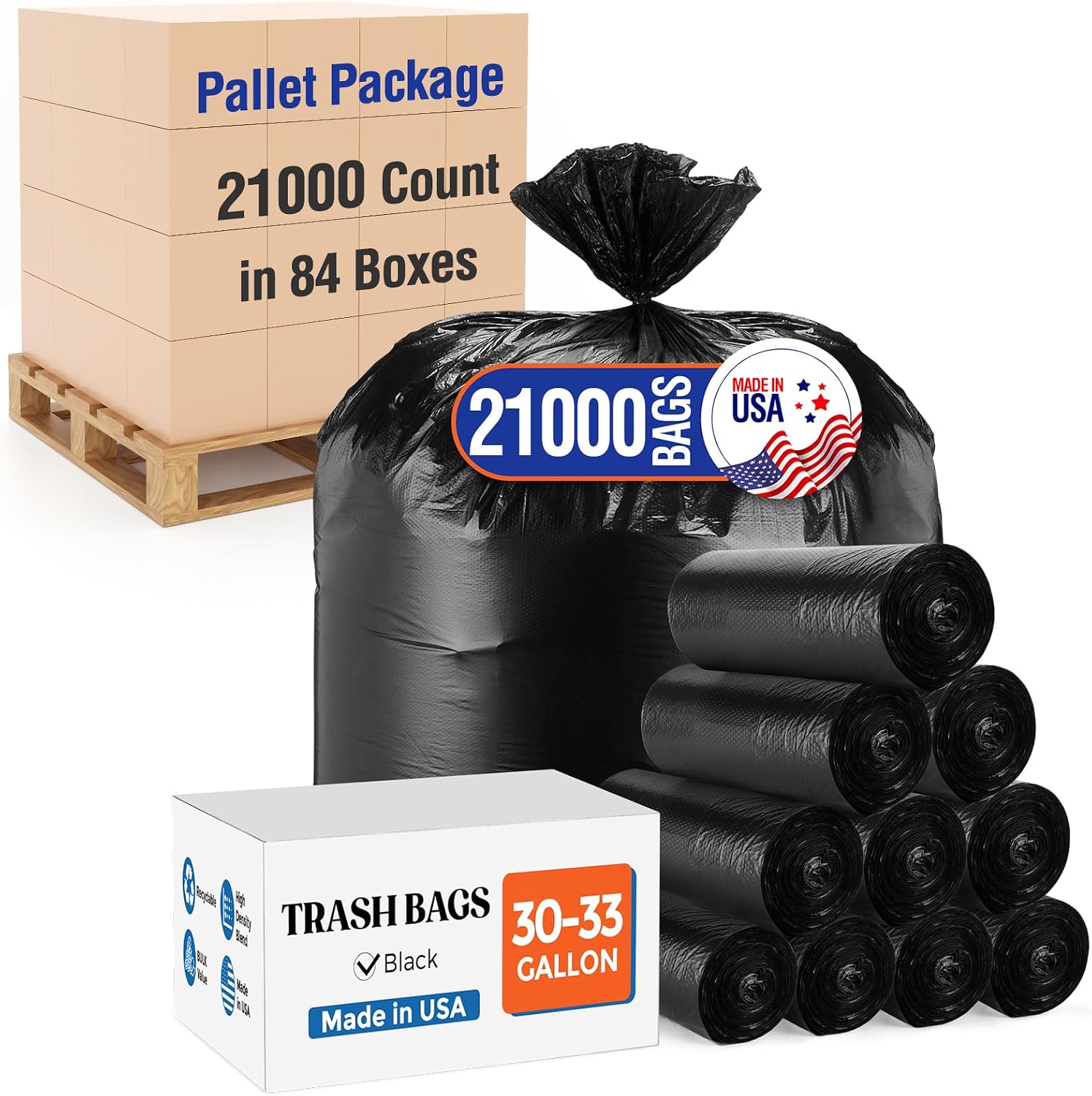 Delxo 30-33 Gallon Trash Bags, 21000 Count – 0.6 Mil Medium Duty Garbage Bags, Durable Plastic Bolsas para basura, Perforated Design– Made in USA for Kitchen, Yard, Office (Black)