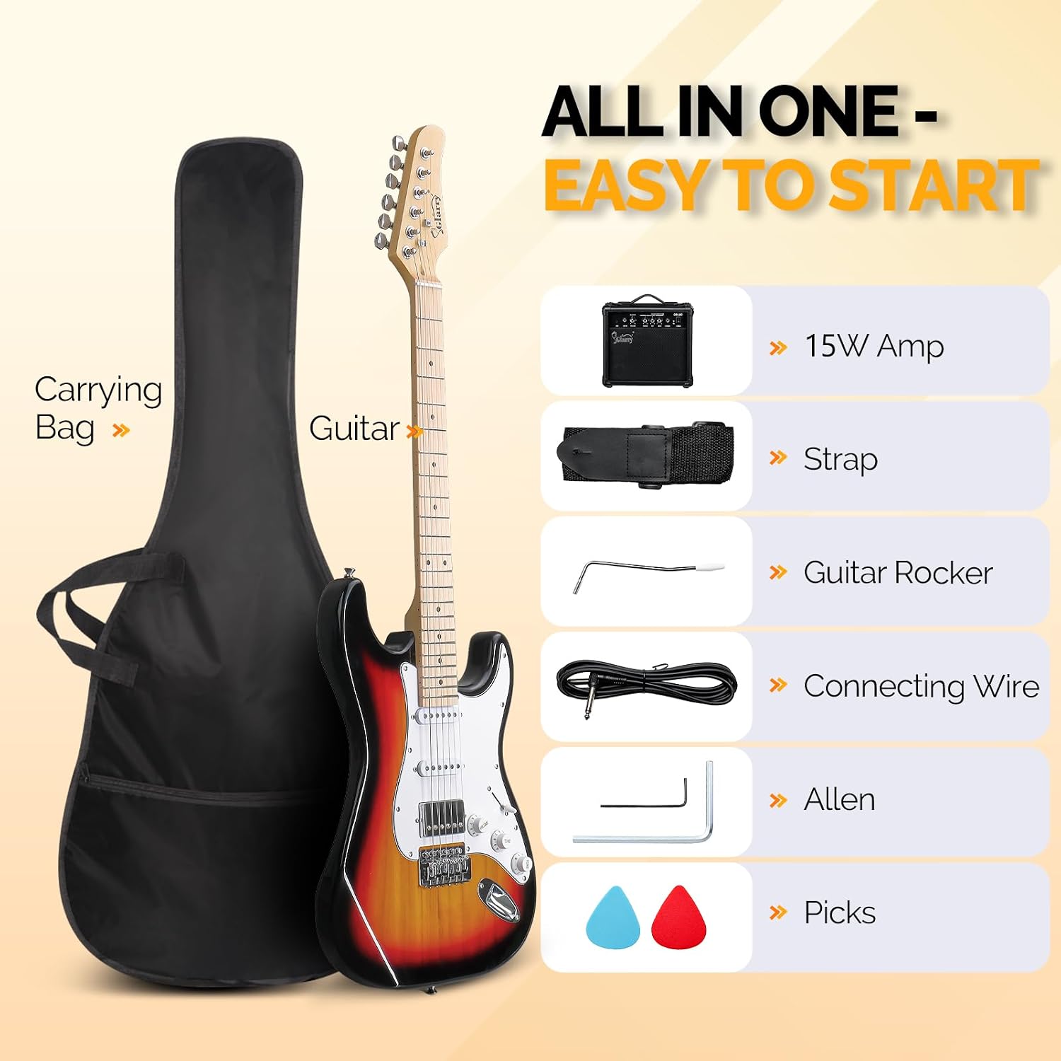 GLARRY Electric Guitar, 39' Full Size Electric Guitar Kit with HSS Pickup Coil Split for Beginner, 20W Amp and Accessories Pack Guitar Bag (Sunset)