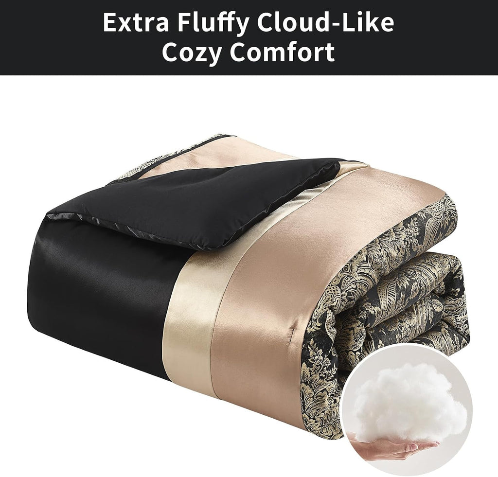 SahSahCasa 7-Piece Luxury King Comforter Set, Bed in a Bag King, Jacquard Silky Fluffy Comforter Bedding Set with Bedskirt, Decorative Pillows, Elegant Reversible, Down-Alternative, Black/Gold