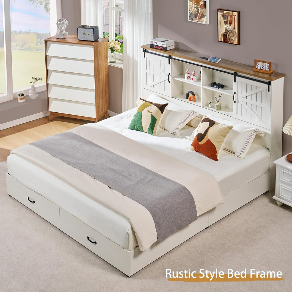 VanAcc Farmhouse King Bed Frame, Wooden Platform Storage Bed with 51.2' Bookcase Headboard, 2 Drawers, Charging Station/No Box Spring Needed/Noise Free, White