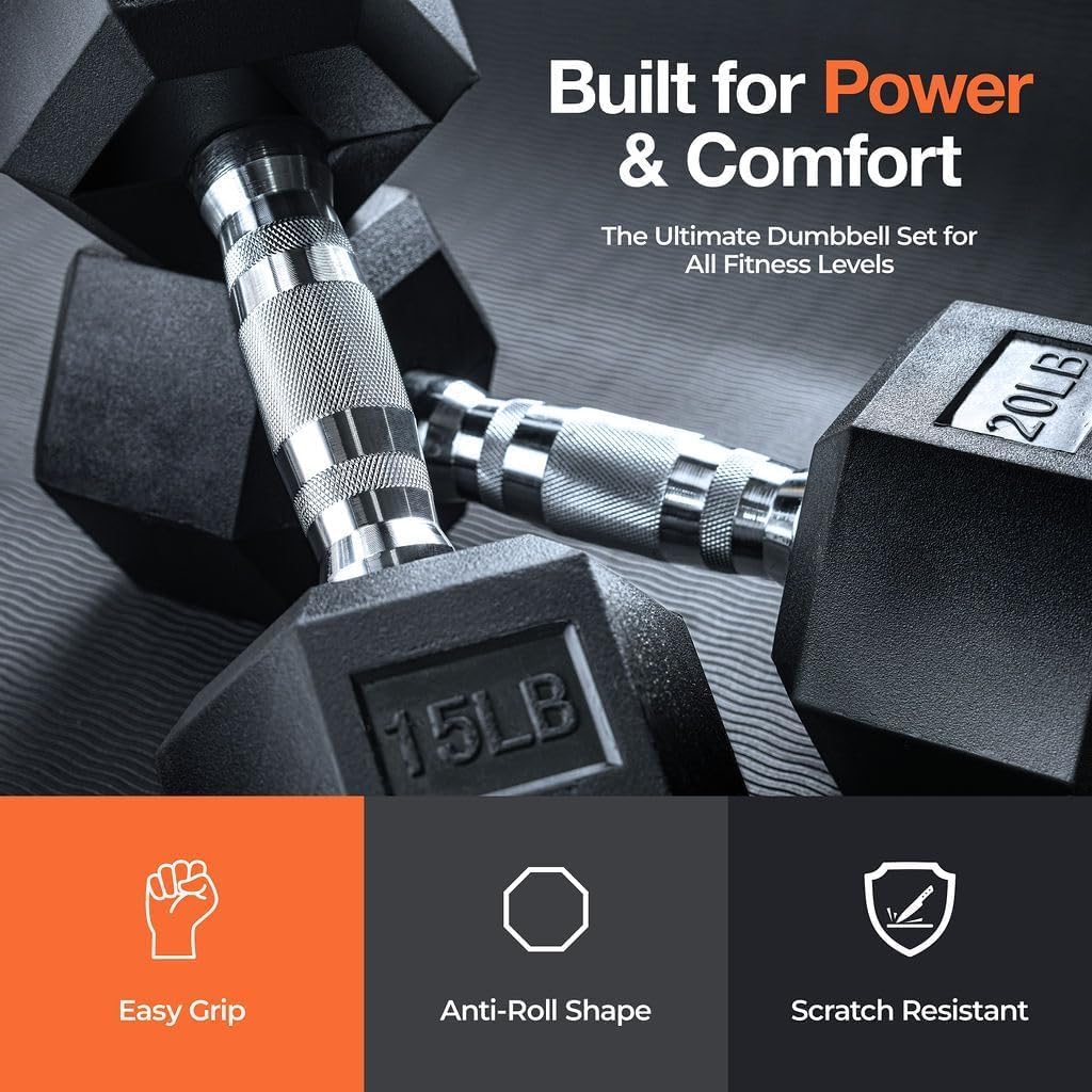 Weights Dumbbells Set with Rack - 150 lb Rubber-Coated Dumbbells for Easy Grip | Durable Carbon for Strength Training | Essential Workout Equipment for All Fitness Levels