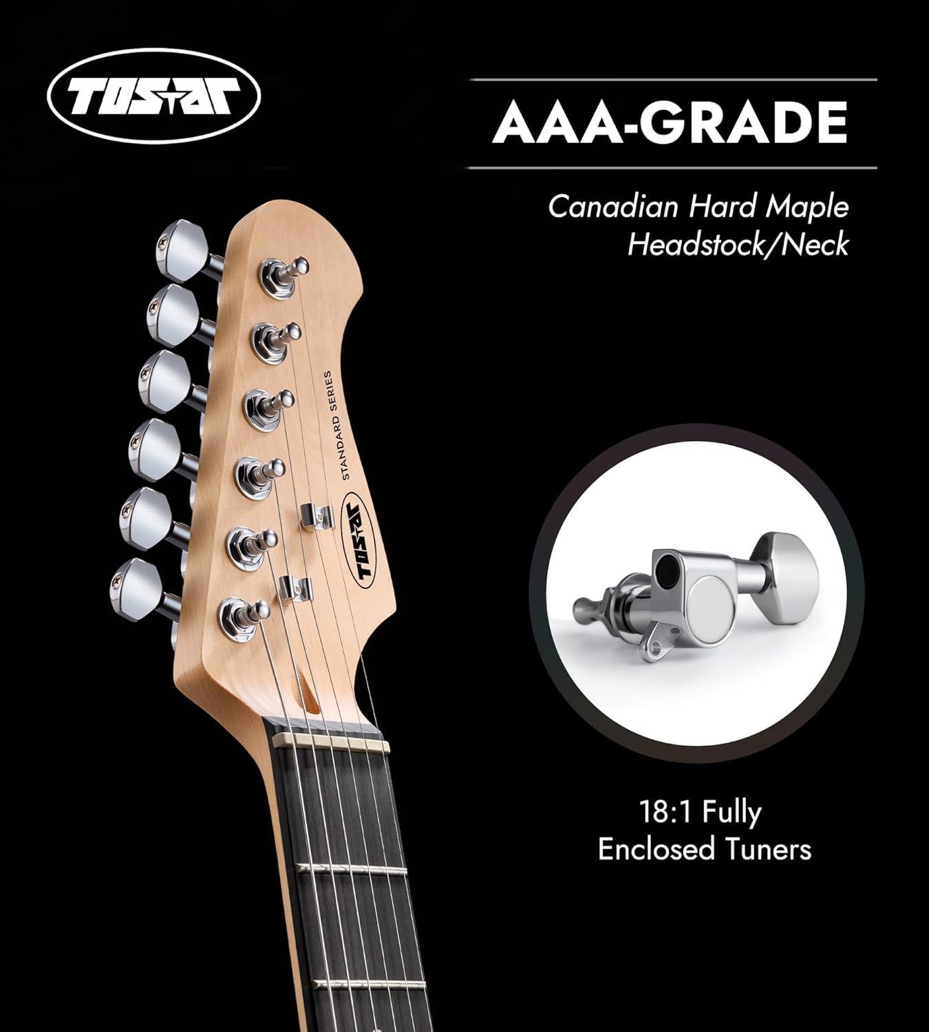 Tostar Beginner Electric Guitar, Solid Body, 39' Full Size Strat Style with HSS Pickups, 5-Way Switch, Tremolo Bridge, Maple Neck & Tectona Fretboard, Ideal for Beginners and Gifting, Black