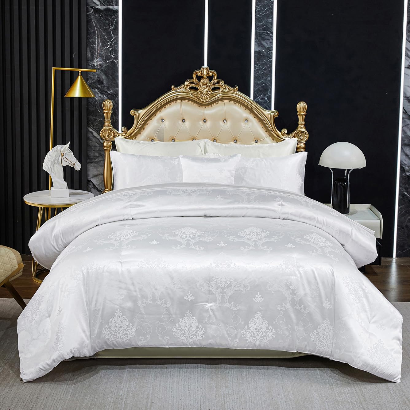 Jacquard Comforter Set White Sheet Set Satin Bedding Set King 8 Pcs Vintage Neoclassical Floral Bed Home Decor Soft Comforter Luxury Hotel Silky Bed in a Bag with 1 Cushion Cover