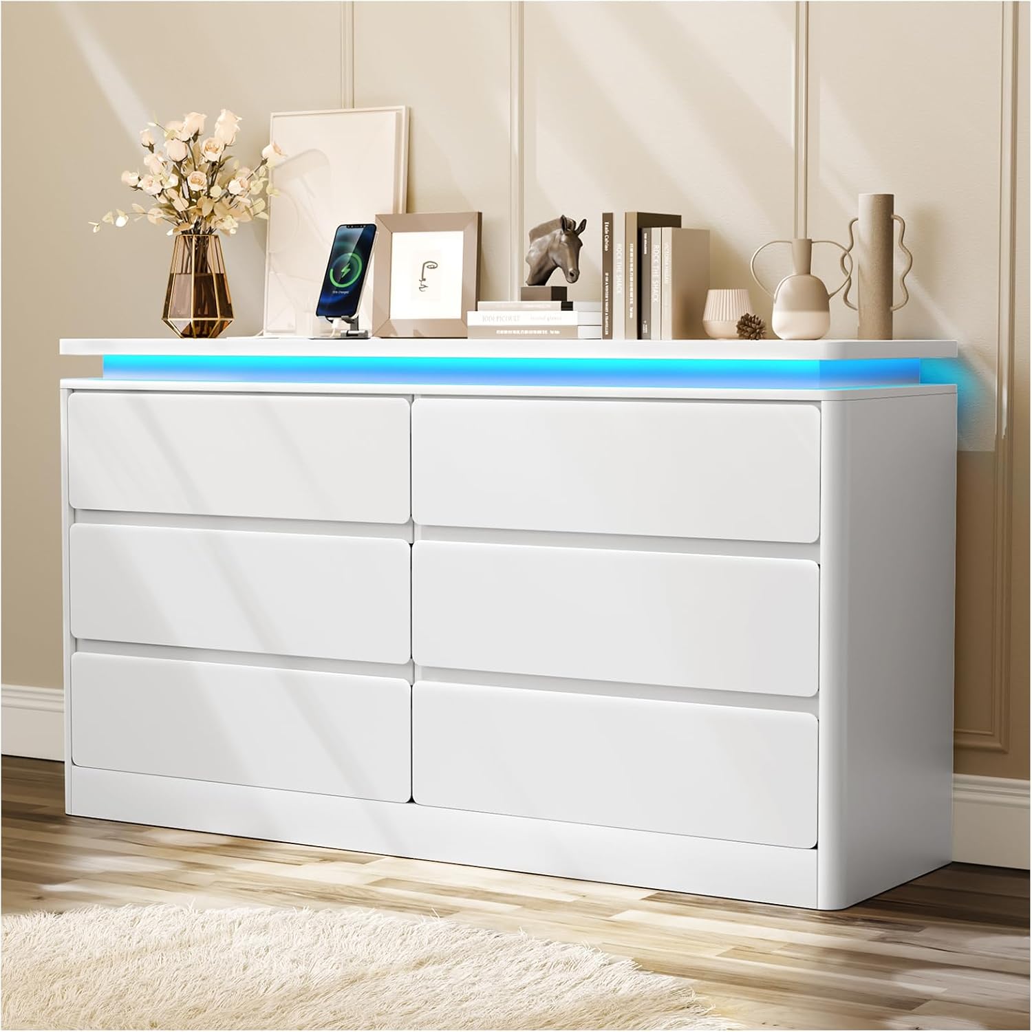 Loomie Upgraded 6 Drawer White Dresser for Bedroom, 47.2' Long Chest of Drawers with Charging Station & LED Lights, Wooden Storage Cabinet Dresser for Closet,Modern TV Stand with Deep Drawers