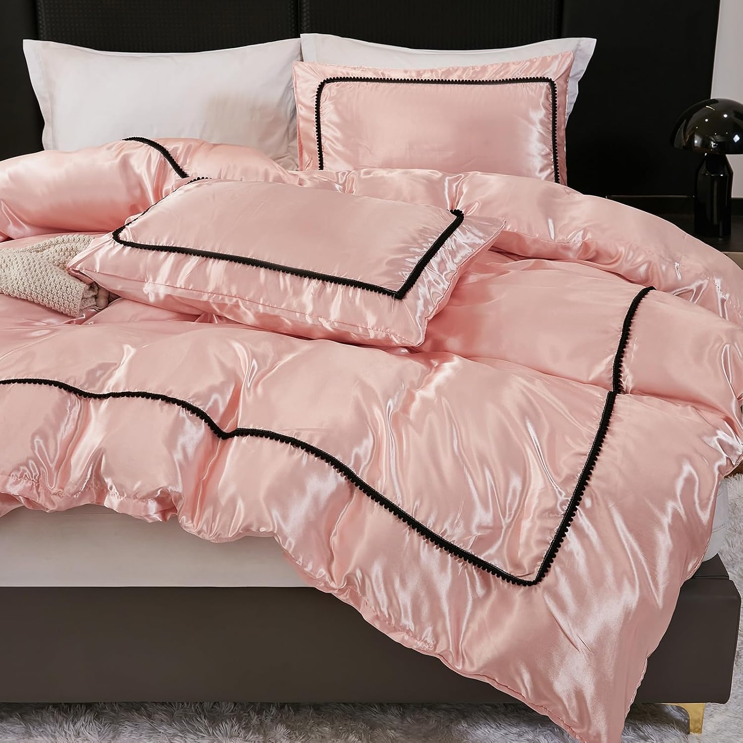 Herside Pink Satin Comforter Set 7 Pieces King Size Bed in a Bag Luxurious Satin Bedding Set with Comforter Pillowcases and Sheets Sets Mini Pompoms Design Super Soft Silky Bed Set for All Seasons