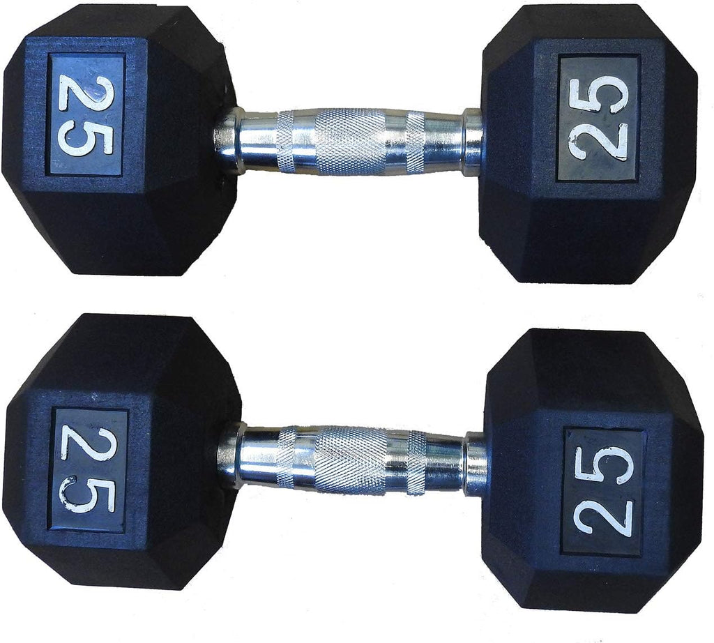 Premium Quality, Rubber Coated 25 lb Hex Dumbbells For Strength Training and Fitness (Sold in Pairs)