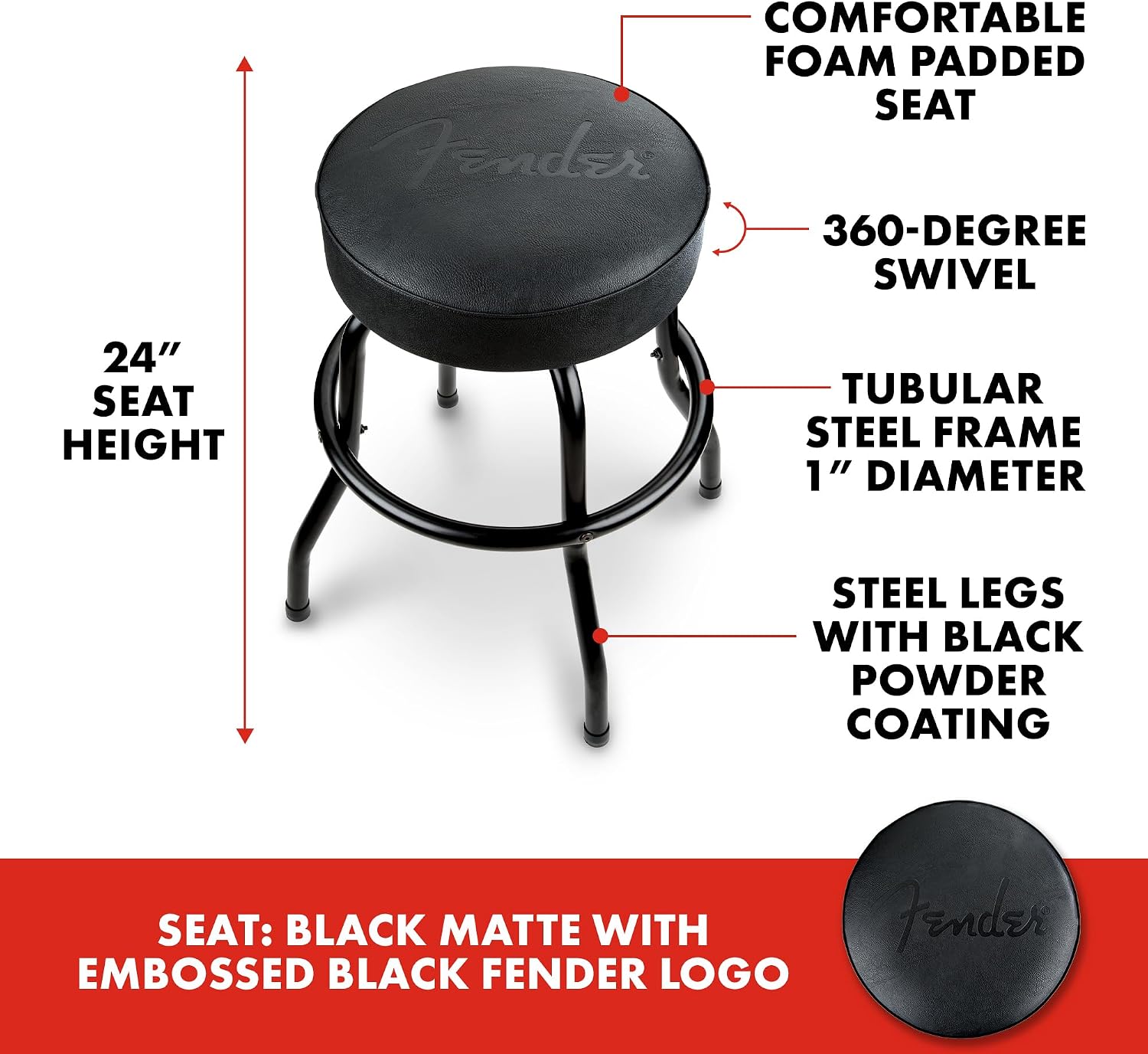 Fender Embossed Black Logo Swivel Barstool, Great Gifts for Dad, with 1 Year Limited Warranty, Simple Assembly, Black/Black, 24'