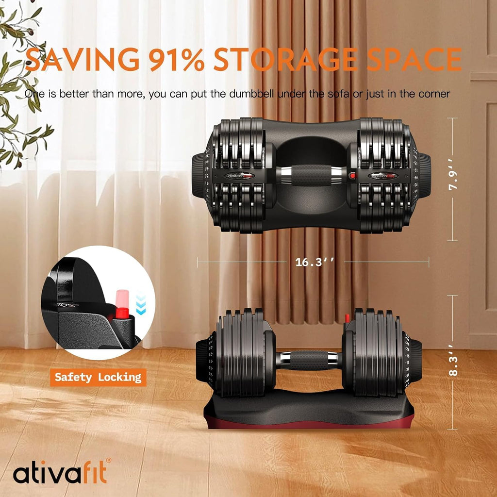 ATIVAFIT Adjustable Dumbbell Set of 2, 5–88LB Quick Dial Free Weights with Double Safety Lock, Anti-Slip Steel Handle & Storage Box, Space Saving Home Gym Equipment for Full Body Strength Training, Suitable for Home Fitness Users
