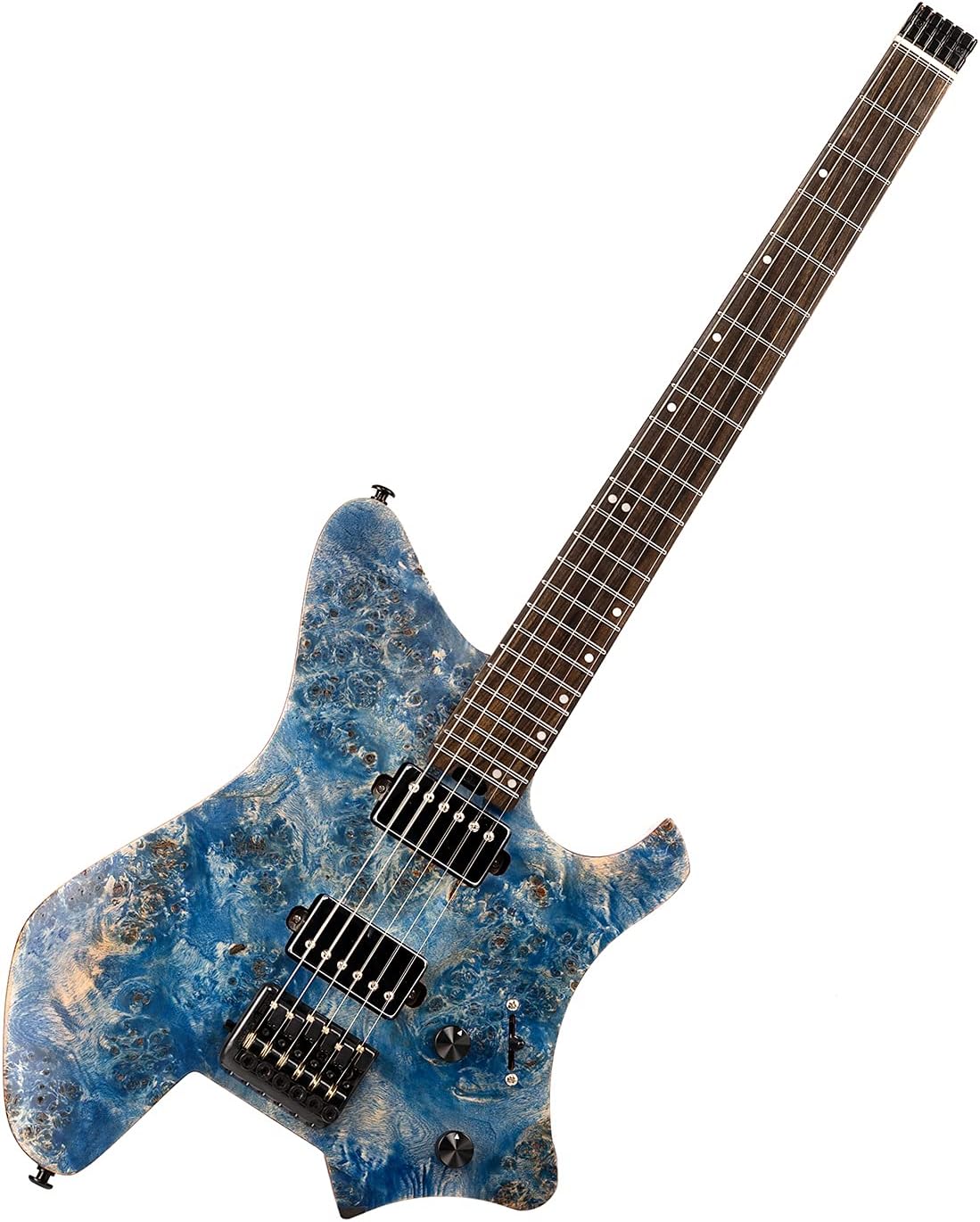 EART Electric Guitar GW2 Headless fix Bridge for 6 String Travel Guitar Small But Full-scale Guitar Ultra-Light For Travel and Performance Right Solid-Body Electric Guitar, Blue
