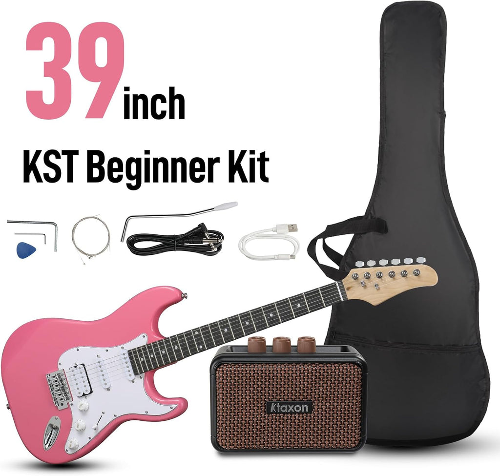 Ktaxon 39 Inch Electric Guitar Kit for Beginner, HSS Pickups 6 String Solid-Body Full Size Adults Electric Guitars W/Amplifier, Bag, Strap, Cable, Accessories - Rose Pink
