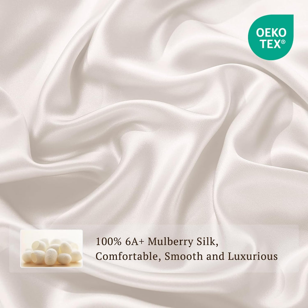 THXSILK 100% Pure Mulberry Silk Duvet Cover Set 3 Piece, 6A+ Grade Luxury Soft Bedding Silk Sheets for Hair and Skin, 1 Pcs Duvet/Quilt/Comforter Cover with 2 Zippered Pillowcases (Cream White, Twin)