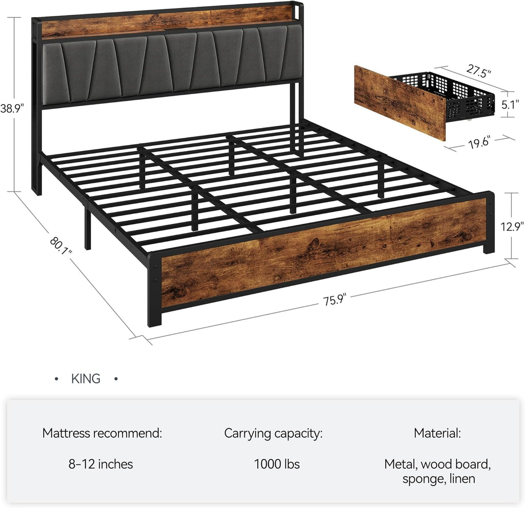 GAOMON King Size Bed Frame with Storage Linen Upholstered Headboard, 4 Drawers Platform Bed Frame with Charging Station, No Box Spring Needed, Easy Assembly, Vintage Brown