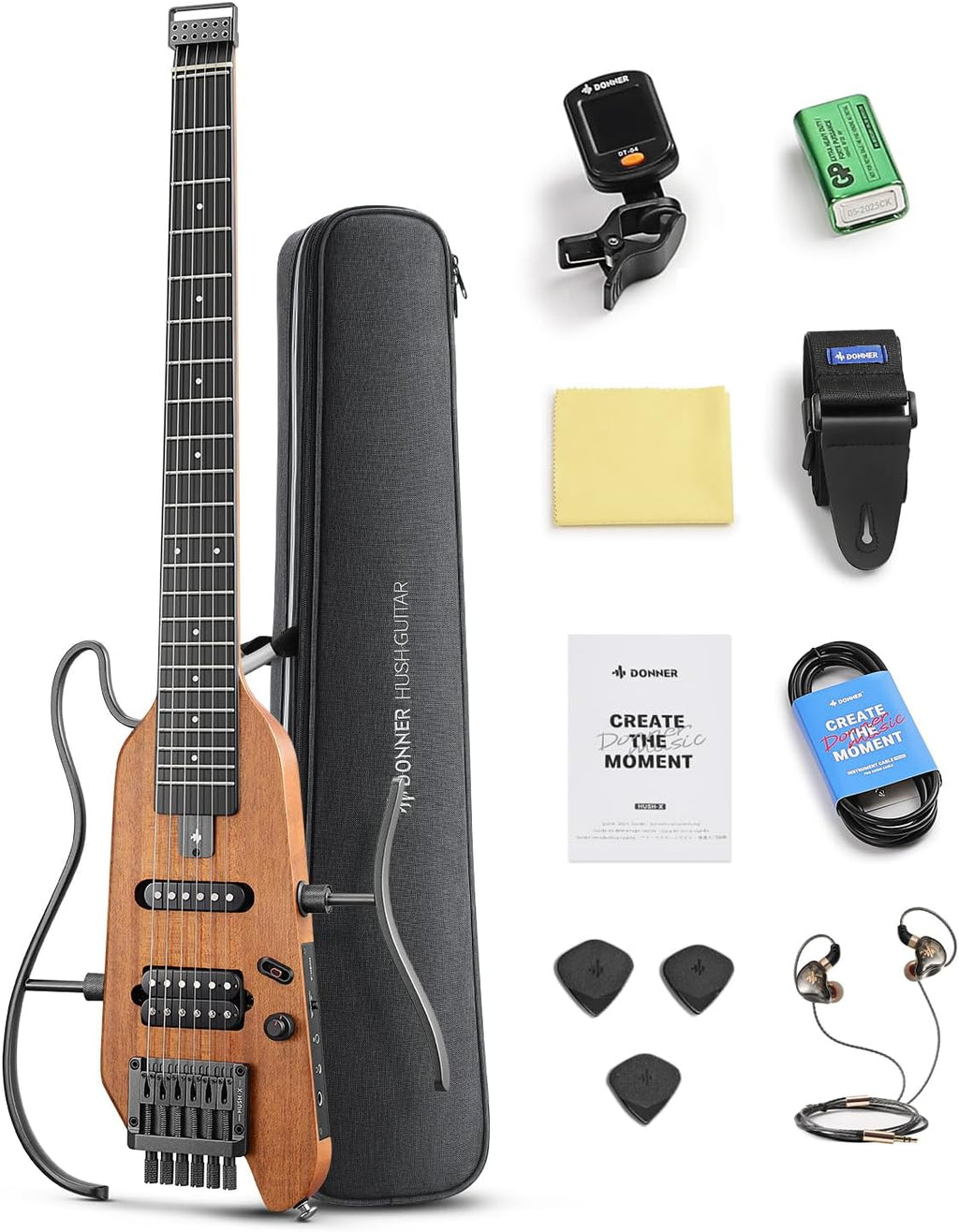 Donner HUSH X Electric Guitar Kit - Featherlight Headless Guitar, Great for Travel and Practice, Mahogany Solid Body with Easy Assemble Stands, Gig Bag, All Accessories, Natural