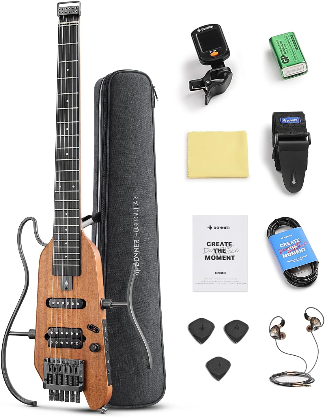 Donner HUSH X Electric Guitar Kit - Featherlight Headless Guitar, Great for Travel and Practice, Mahogany Solid Body with Easy Assemble Stands, Gig Bag, All Accessories, Natural