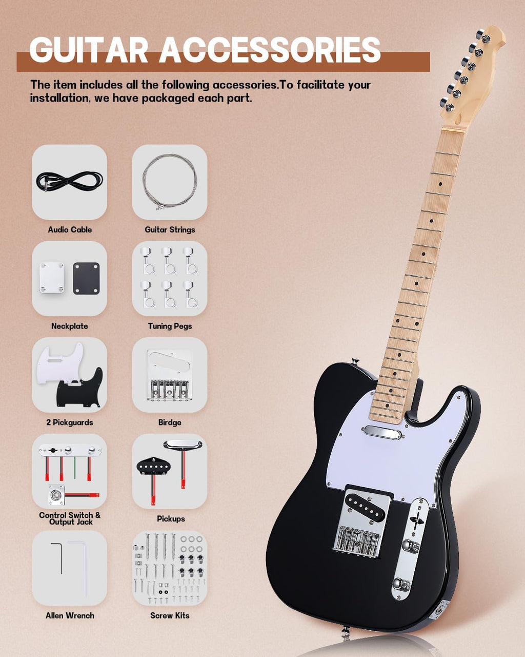 Leo Jaymz DIY TL Style Electric Guitar Kits,Spray-painted Mahogany Body,Maple Neck, including all Components (TL Black)