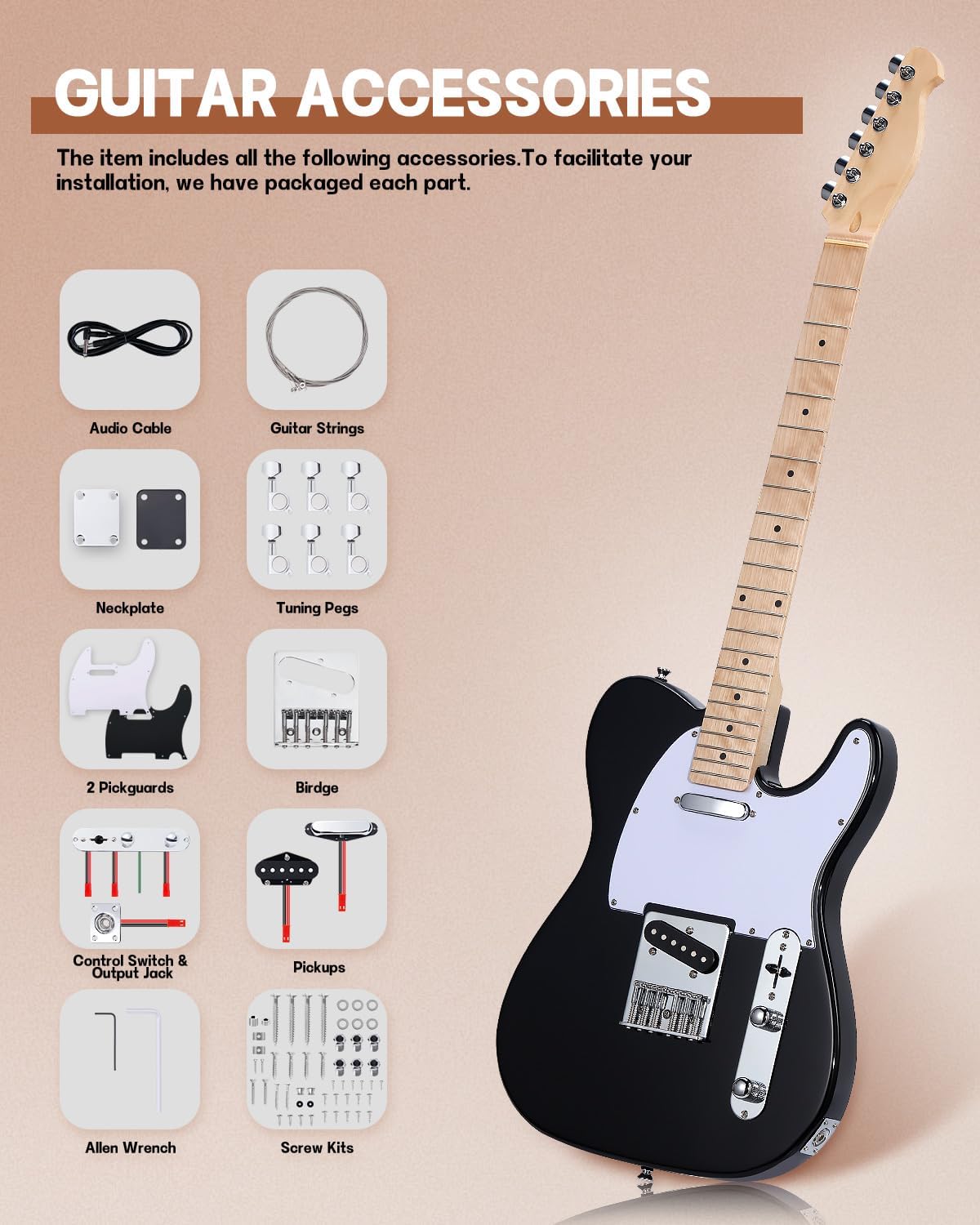 Leo Jaymz DIY TL Style Electric Guitar Kits,Spray-painted Mahogany Body,Maple Neck, including all Components (TL Black)