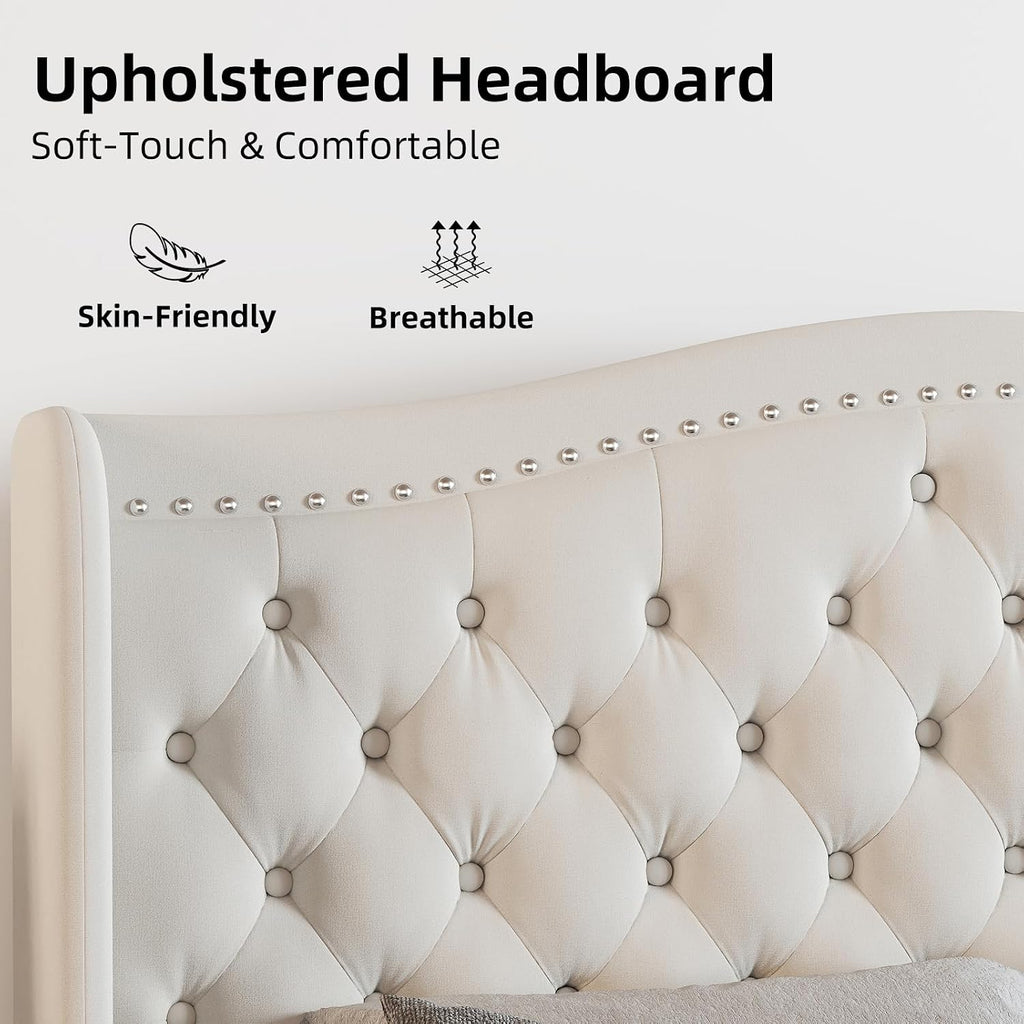 CANMOV Queen Size Upholstered Bed Frame with 4 Storage Drawers,Comfortable Fabric Platform Bed Frame with Wingback Headboard & Footboard,Wooden Slats Support,Button Tufted,No Box Spring Needed,Cream