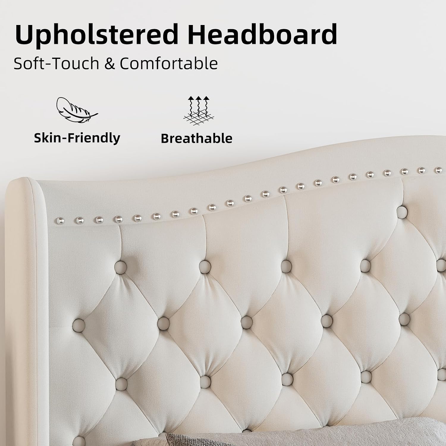 CANMOV Queen Size Upholstered Bed Frame with 4 Storage Drawers,Comfortable Fabric Platform Bed Frame with Wingback Headboard & Footboard,Wooden Slats Support,Button Tufted,No Box Spring Needed,Cream