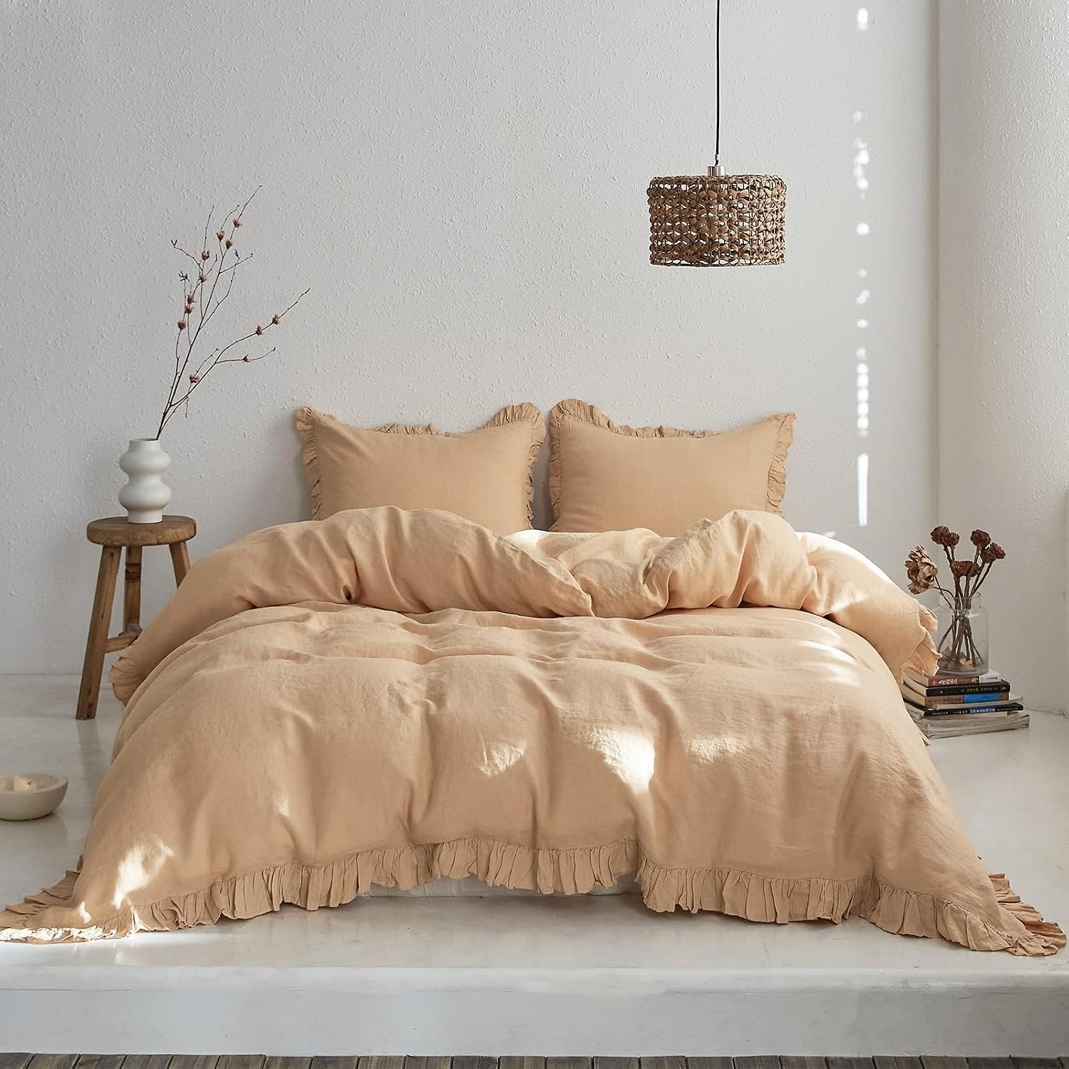 Simple&Opulence 100% Linen Duvet Cover Set, 3 PCS Natural French Flax Sand Ruffle Duvet Cover Full Size, Breathable Comfy Linen Bedding Comforter Cover with 2 Pillowcases (Sand, 78' X 86')