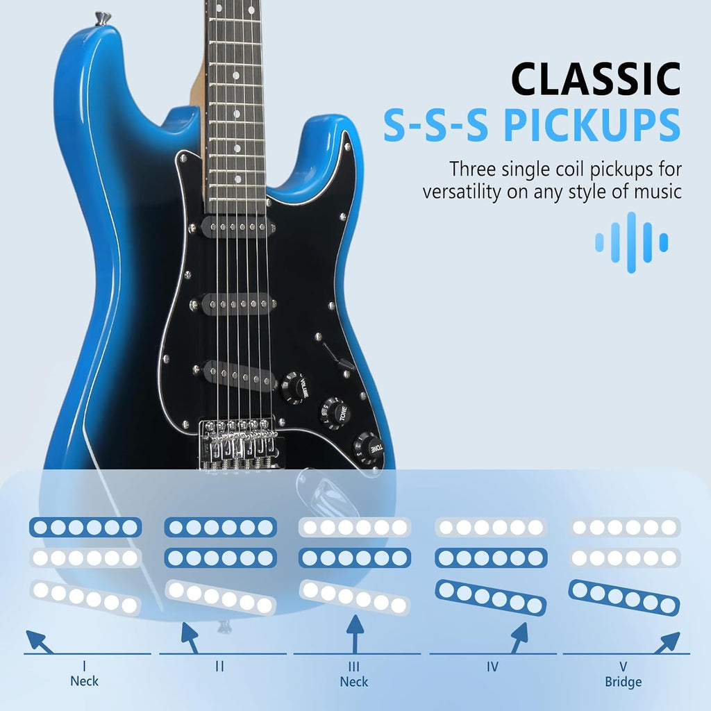 GLARRY Full Size Electric Guitar for Music Lover Beginner with 20W Amp and Accessories Pack Guitar Bag (BLACK & BLUE, 39' Right Handed)