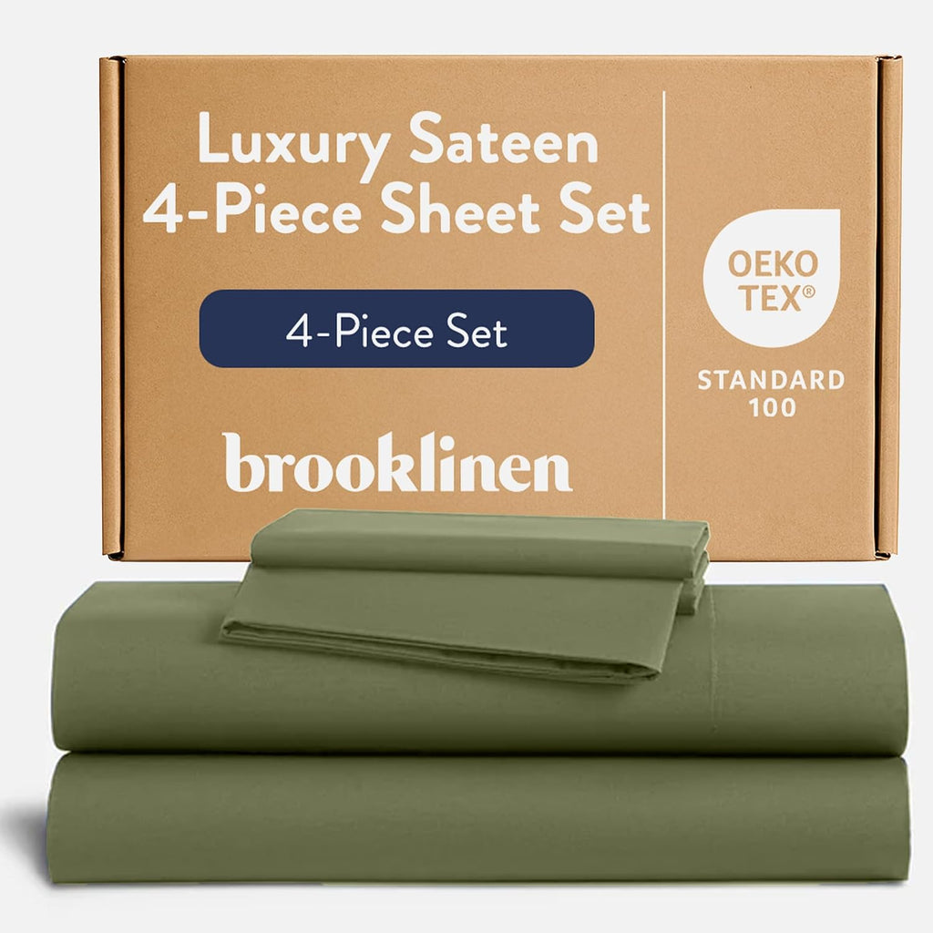 Brooklinen Luxury Sateen 4 Piece Sheet Set - 100% Cotton Bed Sheets, Soft & Durable Cali King Size Sheet Set in Fresh Moss, Oeko-TEX Certified Bedding Set, 1 Fitted Sheet, 1 Flat Sheet, 2 Pillowcases