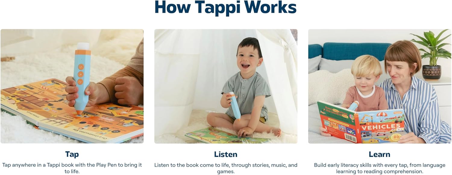 Tappi Interactive Learning System for Kids (Ages 2–6) – Starter Set with 3 Books + Tappi Play Pen – Screen-Free Sounds, Music & Games
