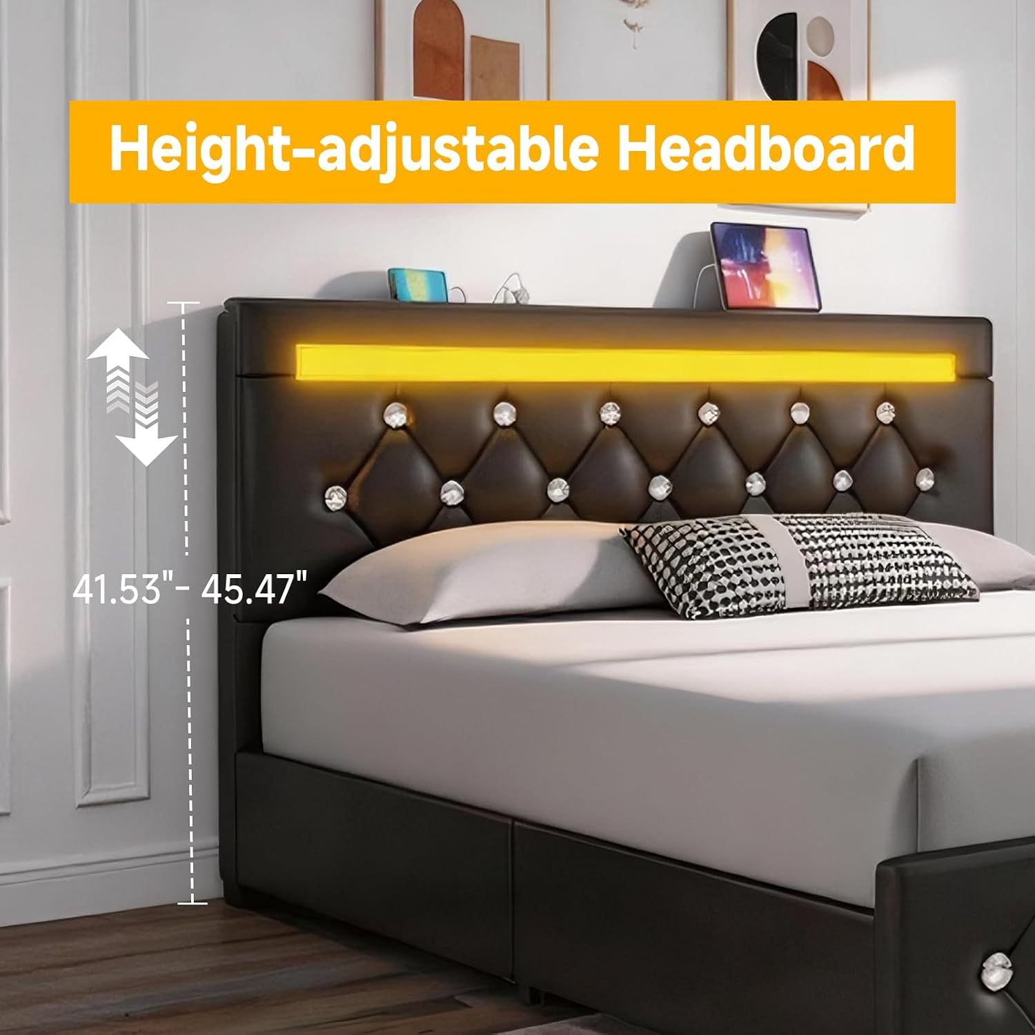 Full Size Bed Frame, Storage Bed with 4 Drawers and Adjustable Headboard, Upholstered Platform Bed with Handy Charging Station and LED Light, Noise Free, Easy Assembly, No Box Spring Needed, Black