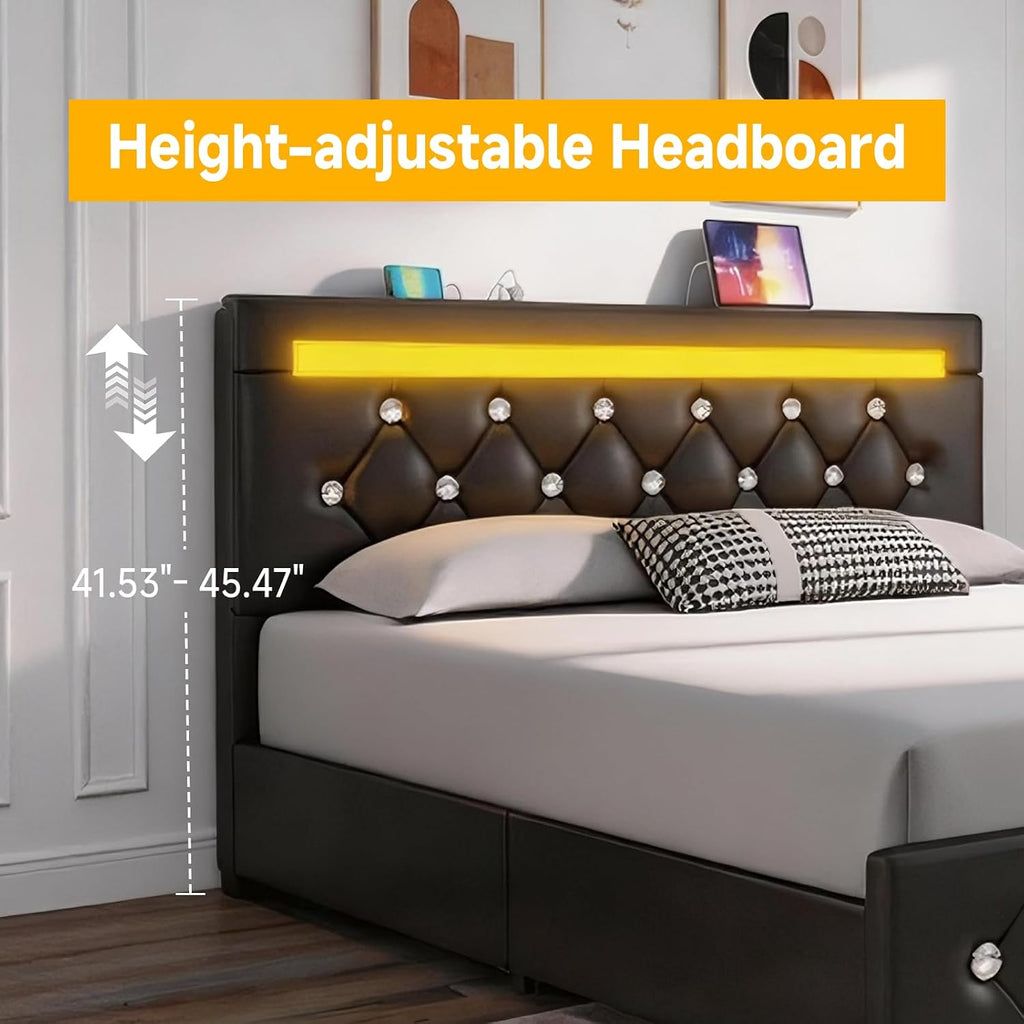 Queen Size Bed Frame, Storage Bed with 4 Drawers and Adjustable Headboard, Upholstered Platform Bed with Handy Charging Station and LED Light, Noise Free, Easy Assembly, No Box Spring Needed, Black