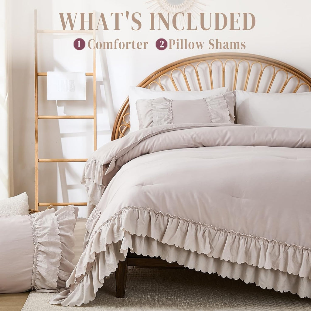 Herside Beige Cotton Ruffle Comforter King Size,2 Layers Ruffles Boho Bedding Set,3 Pcs Fluffy Vintage Comforter Farmhouse Soft and Cozy Lightweight Quilt Set for Women Home Decor