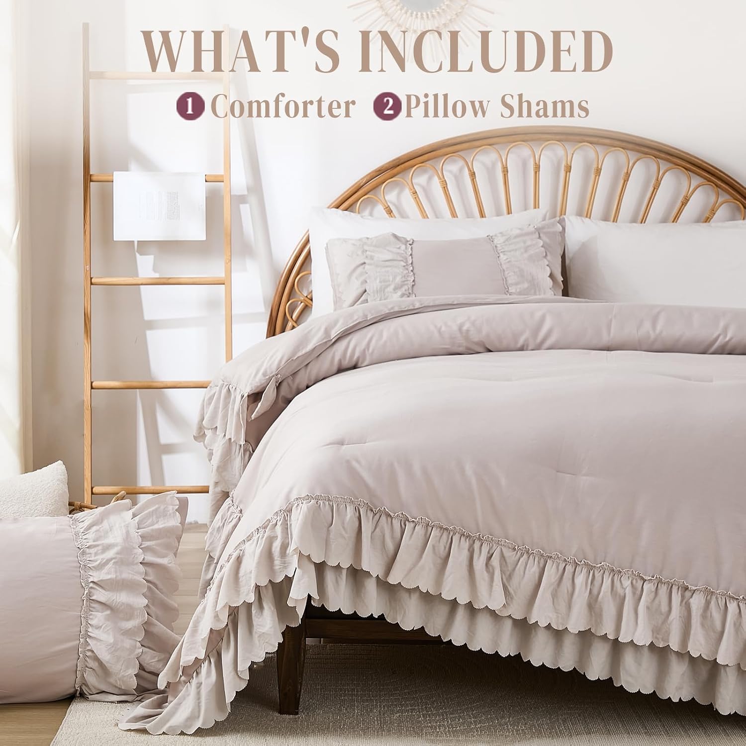Herside Beige Cotton Ruffle Comforter King Size,2 Layers Ruffles Boho Bedding Set,3 Pcs Fluffy Vintage Comforter Farmhouse Soft and Cozy Lightweight Quilt Set for Women Home Decor