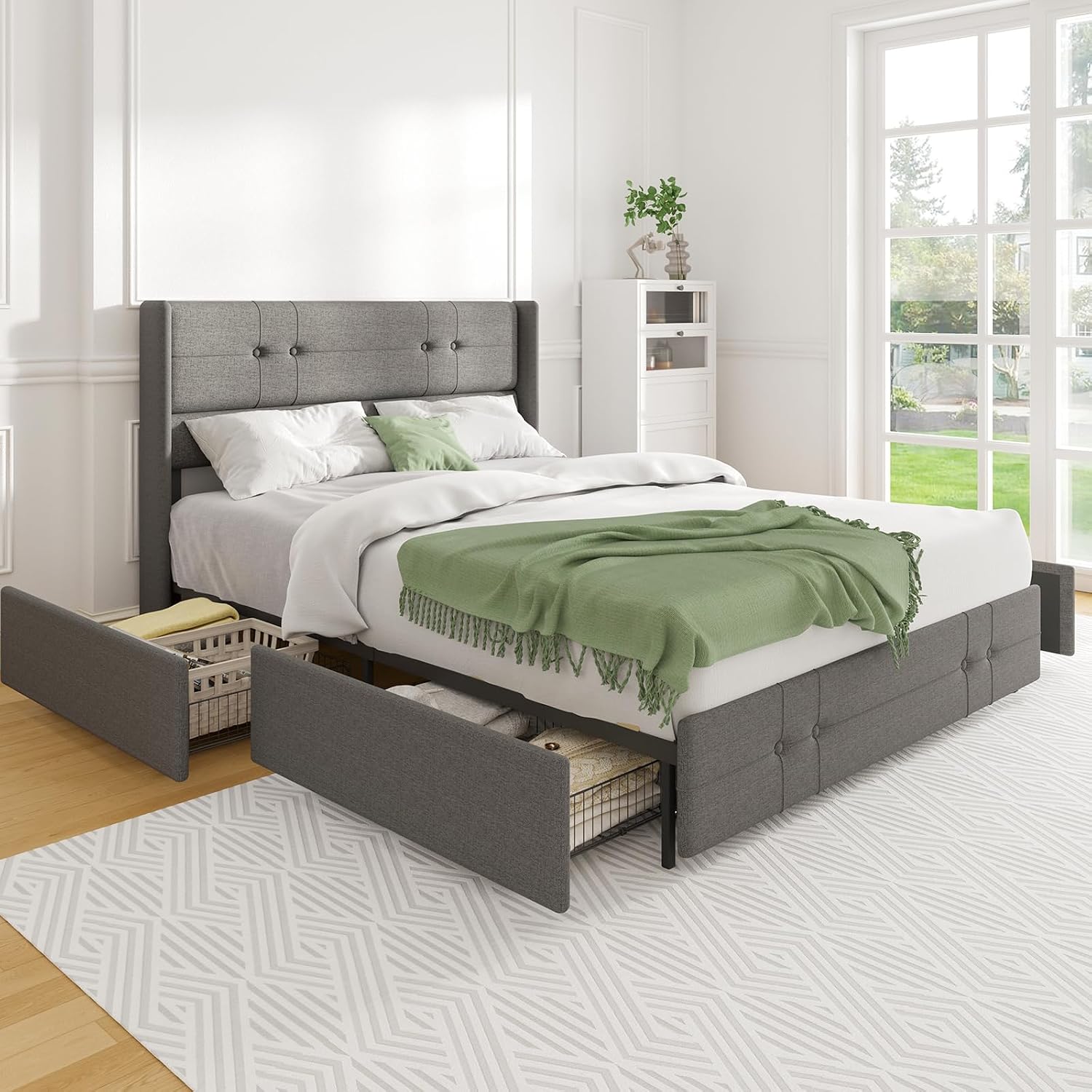 Novilla Queen Size Bed Frame Platform with 4 Storage Drawers and Fabric Upholstered Headboard, Strong Wooden Slats, Non-Slip and Noise-Free Queen Bed Frame, Easy Assembly, Grey