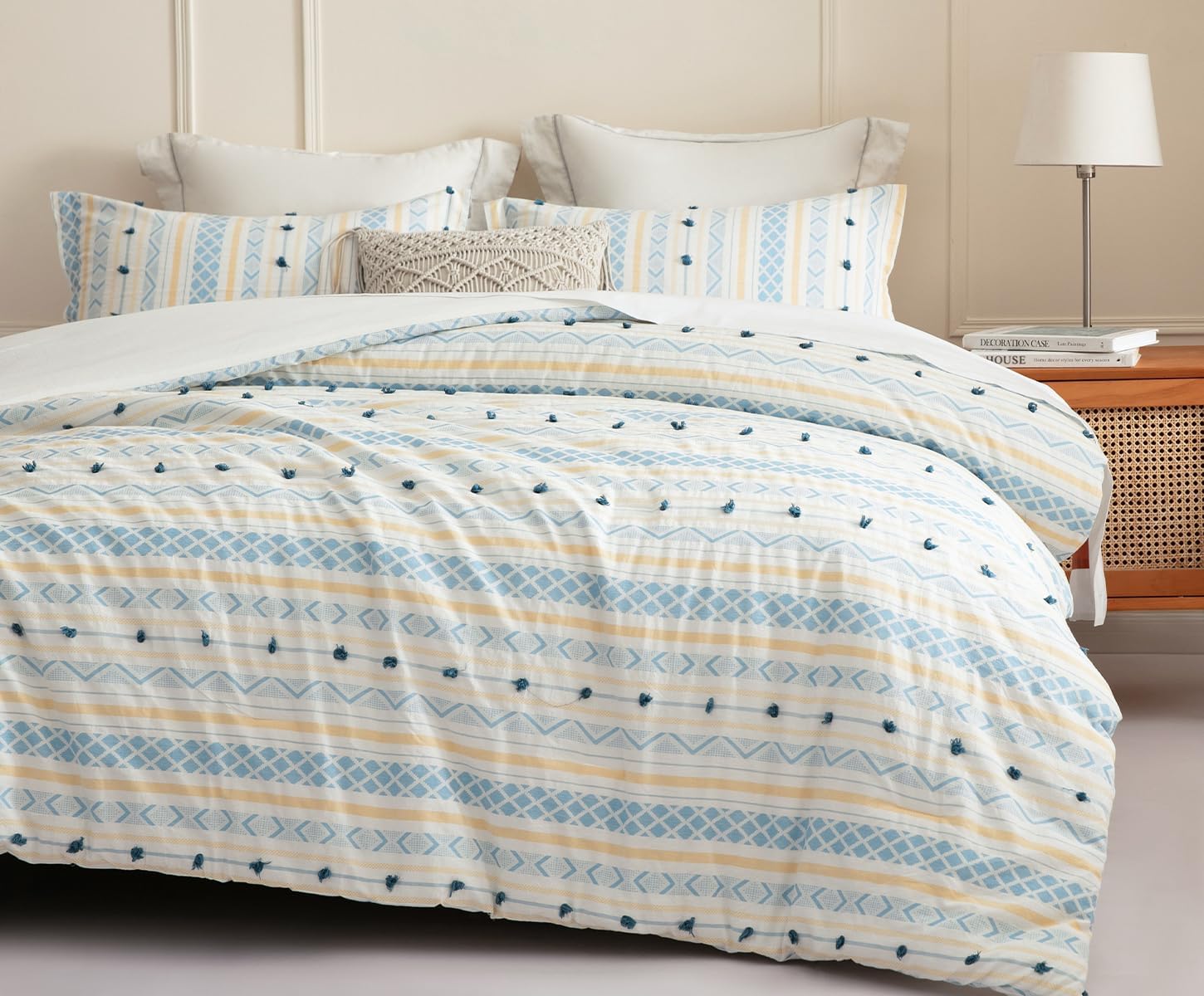 SLEEPBELLA Washed Double Layer Muslin 100% Cotton Comforter Set King Size, Yellow Blue Boho Fluffy Thick Checked Bedding Set, Soft Breathable (1 Comforter, 2 Pillow Shams)