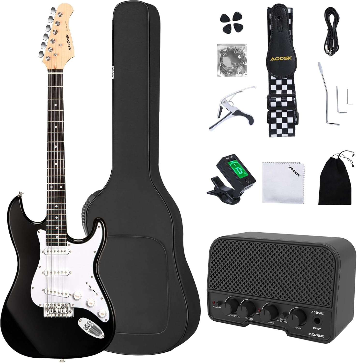 AODSK Electric Guitar with Amp Beginner Kit 39 Inch Solid Body Full Size,All Accessories,Digital Tuner,Six Strings,Four Picks,Tremolo Bar,Strap,Gig Bag,Starter kit (Black-SSS)