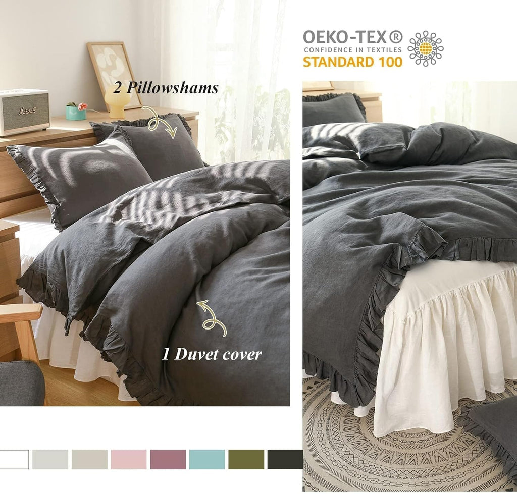 Simple&Opulence 100% Linen Duvet Cover Set, 3 PCS Natural French Flax Dark Grey Ruffle Duvet Cover King Size, Breathable Comfy Linen Bedding Comforter Cover with 2 Pillowcases (Dark Grey, 104' X 92')